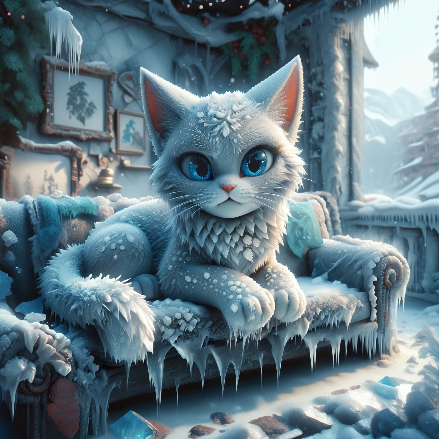 (rating_safe:1.2), score_9, score_8_up, score_7_up, fr0stwrld, snow, ice <lora:Fr0stWrld4:1> BREAK
domestic cat, felid, white fur, blue eyes, looking at viewer, sofa, on sofa, lying, living room