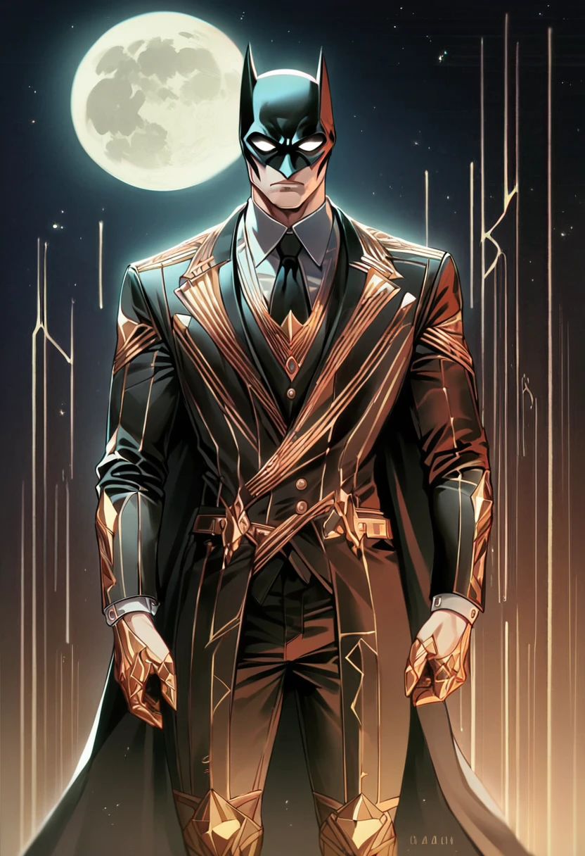 zPDXL2, Batman, RetroBG, black and gold suit, cowboy shot, night, full moon, digital art, reflective surfaces, high contrast, elegant, intricate detailing <lora:RetroLuxe World Morph - Pony:1>