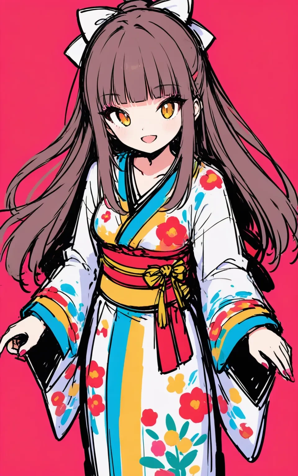 1girl, 
Freehand
masterpiece, white bow, yellow eyes, standing, hand on own arm, :d, breasts, red kimono, obijime, pink nails, smile, from above, pink background, floral print kimono, sash, fingernails, long hair, kimono, floral print, wide sleeves, looking at viewer, brown hair, simple background, obi, solo, long sleeves, nail polish, large breasts, open mouth, japanese clothes, bow, blunt bangs, 
newest, absurdres, safe
 <lora:freehand:1>