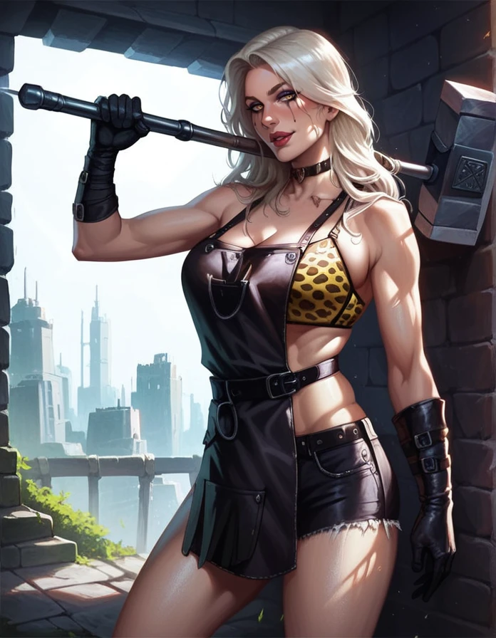 score_9, score_8_up, score_7_up,   detailed background,  realistic lighting, background: city, dappled sunlight,
detailed eyes, mature female,fit and slim,1 girl, slightly parted lips, dynamic pose,
<lora:Blacksmith_Clothing:0.75>, Blacksmith Clothing, Leather Apron, Hammer,  belt,  leather gloves, 
 <lora:Garyu_ã¬ã£ã«__Japanese_Gal:1>, garyu, choker, platinum blonde, long hair, hotpants, cheetah print bra, makeup, mascara tears,