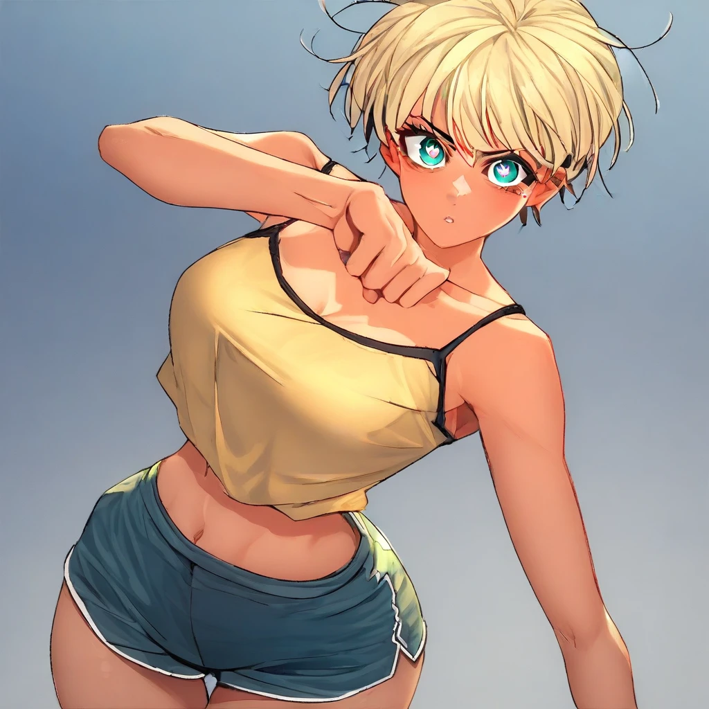 score_9, score_8_up, score_7_up, ASCII masterpiece, source_anime, BREAK, 1girl, solo, (( <lora:ah_ye-sung:1> , ah_ye-sung, thin waist, wide hips, beautiful dark skin, beautiful blonde hair, beautiful short hair, banges, clear eyes, beautiful aqua color eyes, bright pupils, beautiful eyes, big and shaggy breasts, natural beauty, extraordinary beautiful woman, attractive woman, super sexy woman, lustful body, sexy woman with seductive obscene body, sensual body, voluptuous body, sexy beauty, )) , obscene cleavage, uncensored, no piercings, no piercing, midriff, blue dolphin short shorts, yellow camisole, very detailed, high detailed texture, looking at viewer, standing, erotic pose, sexy pose,