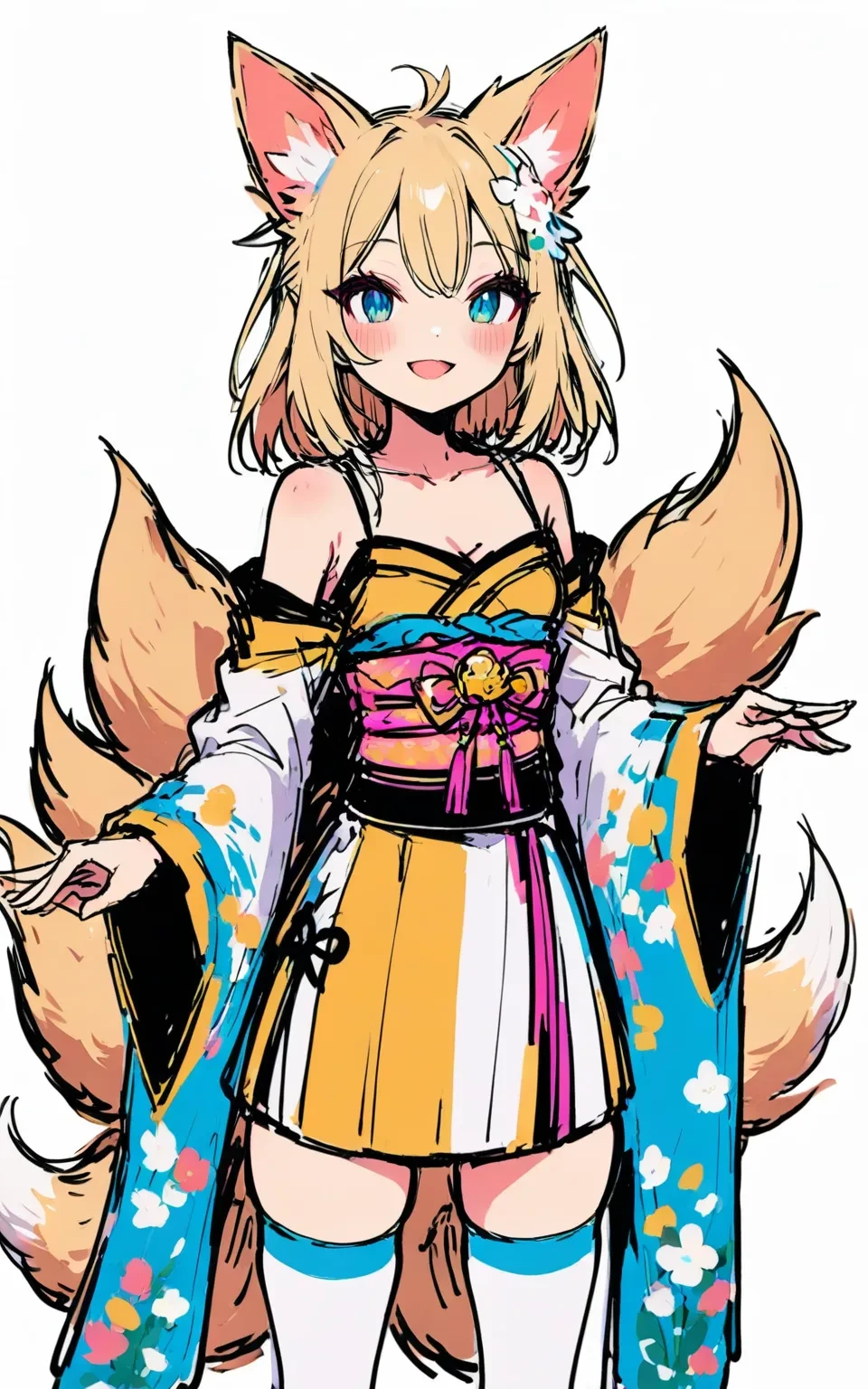 1girl, 
Freehand
masterpiece, animal ears, thighhighs, looking at viewer, flower, two-tone thighhighs, fox shadow puppet, yellow kimono, tail, smile, blue eyes, animal ear fluff, detached sleeves, white thighhighs, short kimono, blonde hair, bare shoulders, yellow sleeves, solo, blush, fox girl, zettai ryouiki, fox tail, white flower, japanese clothes, two-tone kimono, cowboy shot, wide sleeves, floral print, simple background, yellow thighhighs, hand up, white kimono, white background, kimono, fox ears, open mouth, 
newest, absurdres, safe
 <lora:freehand:1>