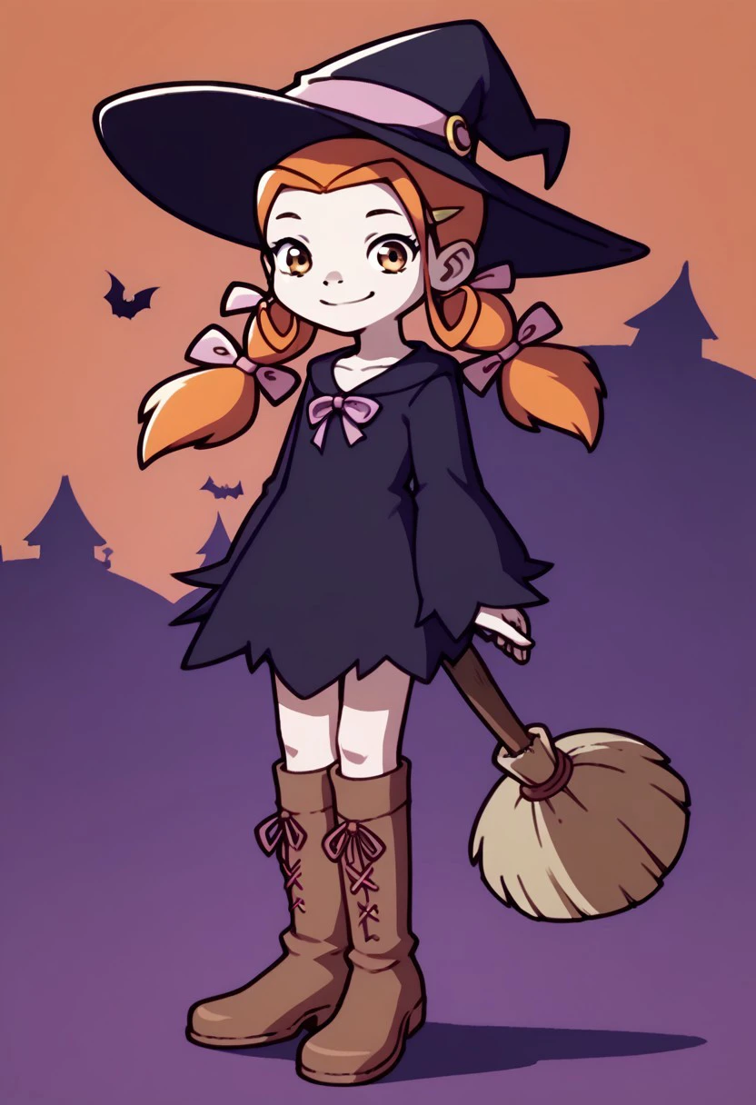 score_9, score_8_up, score_7_up BREAK ElenaPotato, 1girl, orange hair, orange eyes, light green hair clips, pigtails, pink pigtail bows, full body, evil smile, witch dress, witch hat, witch boots, witch cauldron, magical broom, halloween background,
