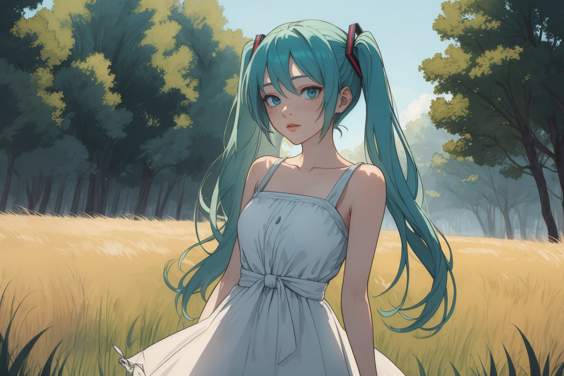 masterpiece:1.2, best quality:1.2, intricate details:1.2, ultra-detailed, illustration, sharp, dark theme,by wlop,amazing-shading,(volumetric-lighting),
female, bangs, bob cut, lips, freckles, cowboy_shot, wide shot, hatsune_miku twintails happy arm_across_waist  outdoors park trees grass ricegnat, alternate costume, sundress, 
<lora:sd_v15_dpo_lora_v1:0.8><lora:outline:0.2><lora:shinkai_makoto_offset:0.25> <lora:Hyper-SD15-12steps-CFG-lora:0.7> <lora:EnvyColdShower_v11:0.4> <lora:makinami_mari_illustrious:0.5>