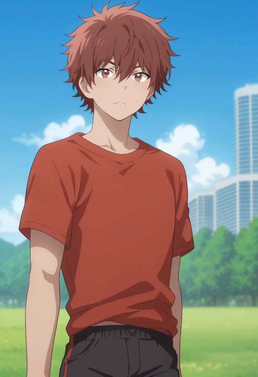 score_9, score_8_up, score_7_up, source_anime, highly detailed, 
arashi, 1boy, male focus, solo, brown eyes, brown hair, looking at viewer, shorts, shirt, red shirt, slender, skinny
outdoor, sky,