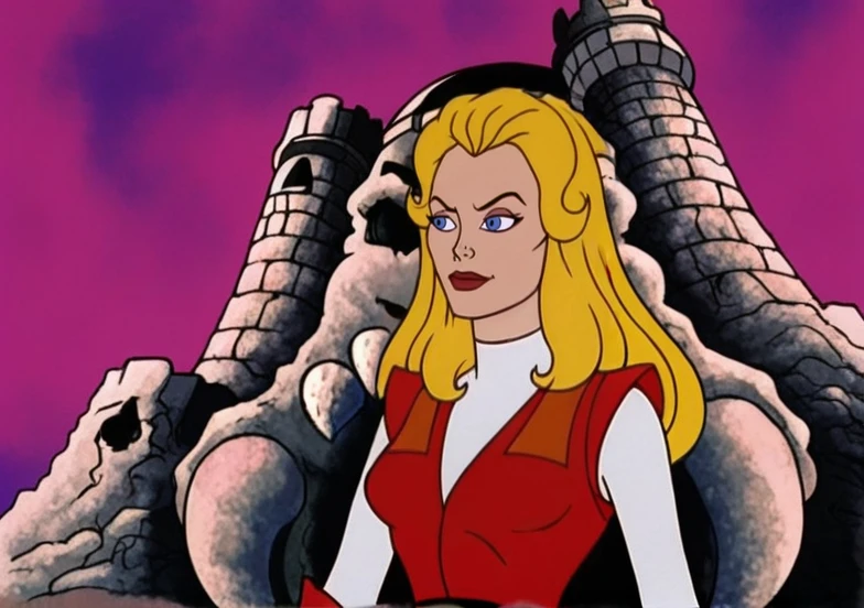 ad0ra, princess, blonde hair, blue eyes, red leotard jacket, friendly, light smile, white sleeves, red bracers, upper body, belt  <lora:She-Ra_Princess_of_Power_1987_-_Pony:0.9>, castle greyskull background,