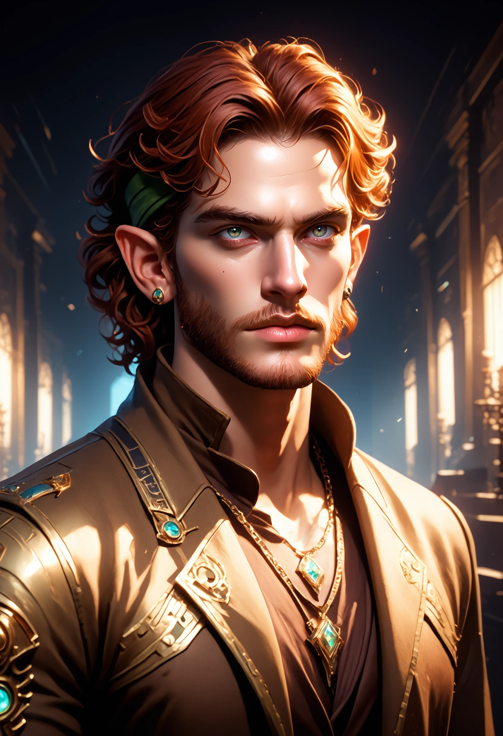 solo, green headband, pointy ears, half-elf, auburn hair, curly hair, 1boy, jewelry, cape, male focus, earrings, necklace, grey eyes, tattoo, facial hair, stubble, beard, mature male, brown tunic, fantasy painting, leather pants, cloak, elf ranger,, (fantasy), (lens flare, prismatic), Unreal Engine 5, (side-lighting), (cyberpunk), dynamic angle,  cinematic photography, dark background, rembrandt lighting, professional photography, detailed face, perfect anatomy, wide shot, ultrasharp, desktop wallpaper, octane render, futuristic, neon theme, score_9, score_8_up, score_7_up, score_6_up, score_5_up, score_4_up,