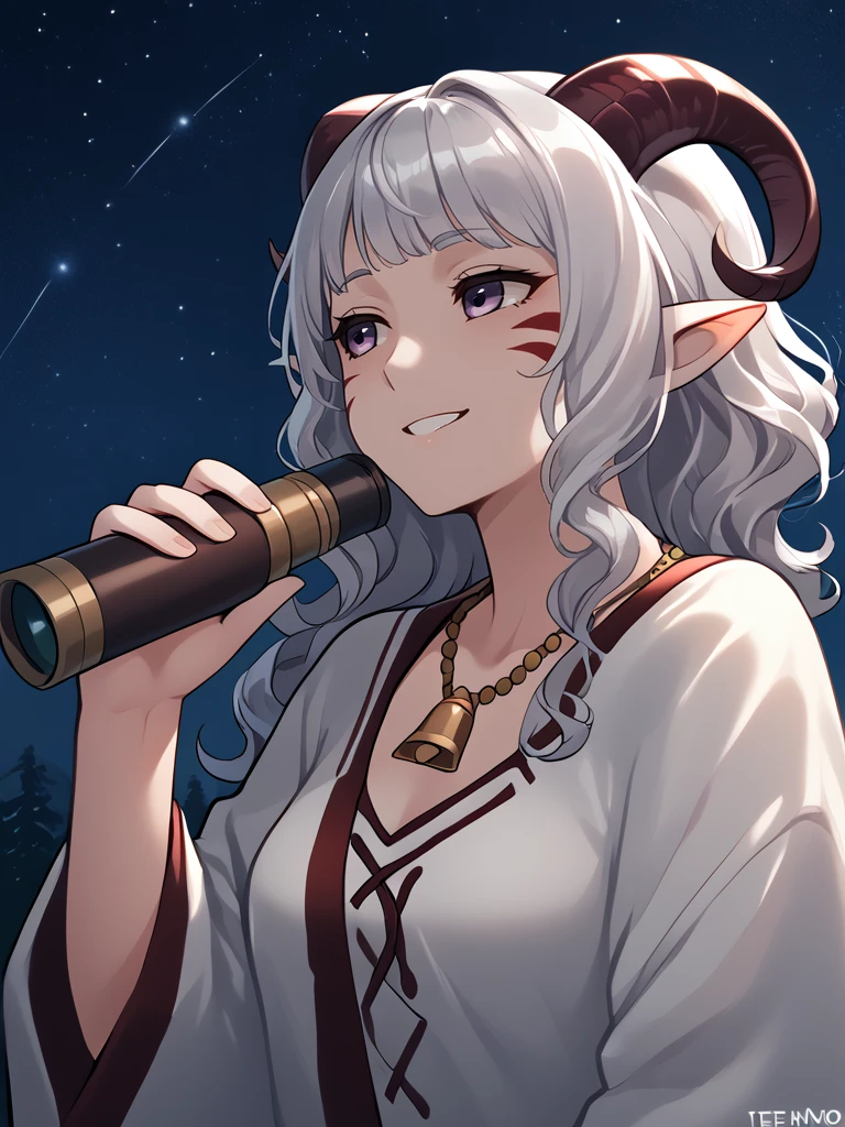 source_furry, score_7_up, rating_safe, night sky, standing, 
anime face,<lora:whisker_markings:0.8>red whisker_markings, silver long wavy hair,  bell necklace, short pointy ears, purple eyes, <lora:age_slider_v4:0.6>
<lora:Smooth Style 2 SDXL_LoRA_Pony Diffusion V6 XL:0.3> 
<lora:Test_Diana:0.8> tiefling_bard_diana,   <lora:INKxXmo shaded face:0.5> INKxXmo Dark Theme, Shaded Face ,smile, 
 <lora:hand_telescope:1>hand_telescope, holding_telescope , looking up, head up, telescope on eyes, looking away,