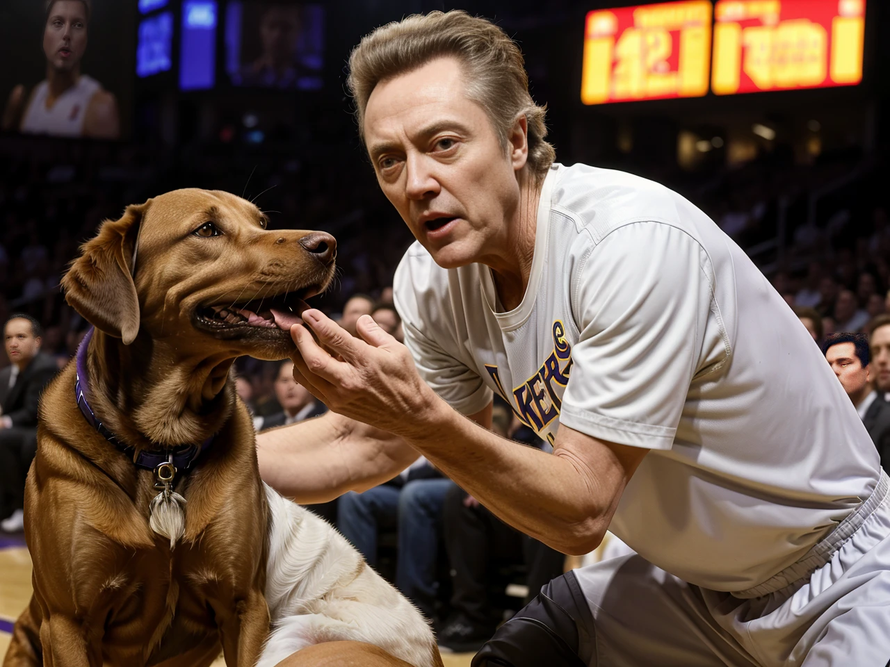 <lora:ChristopherWalken:1> christopher walken playing with a dog at the lakers, 4k, raw, masterpiece