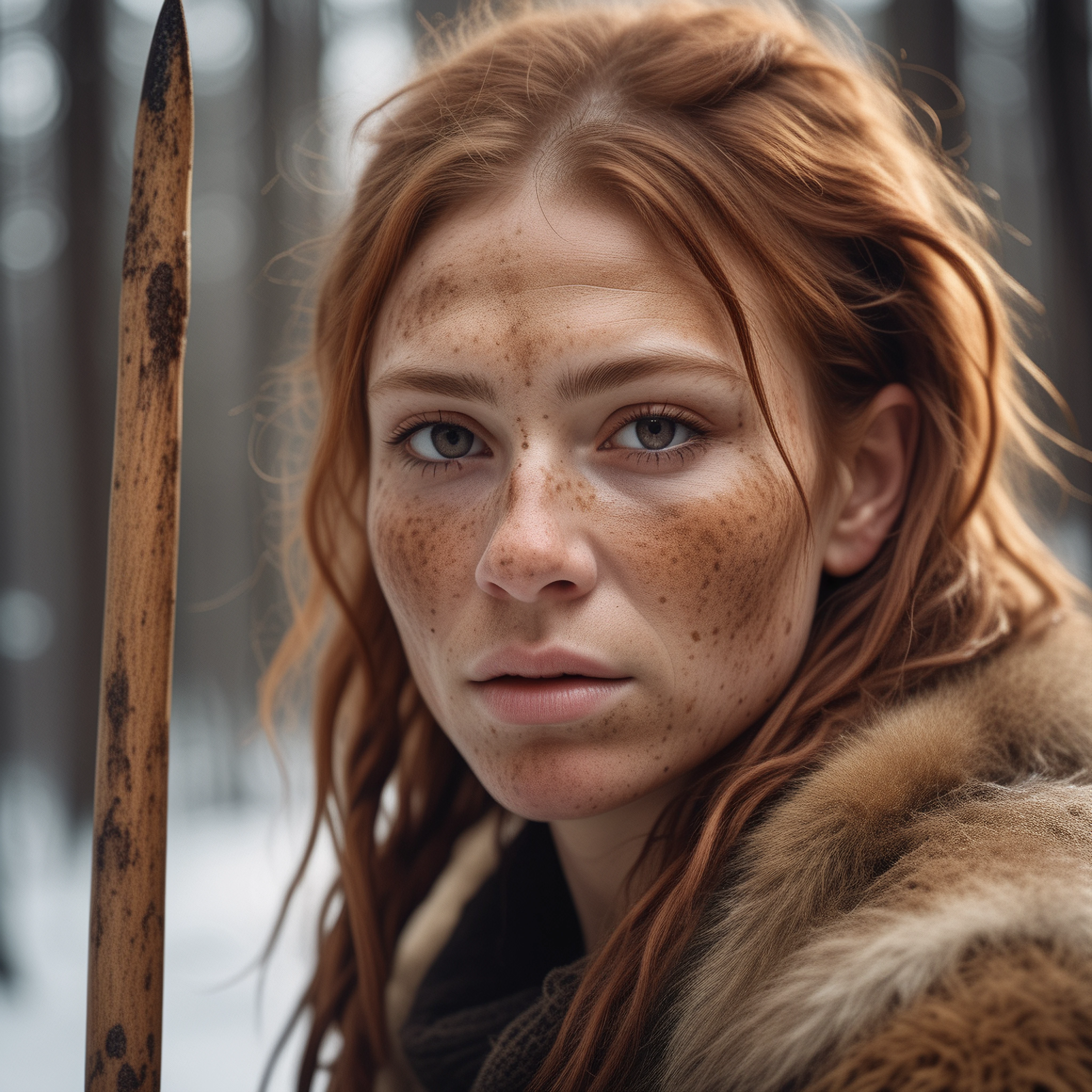 A professional portrait photo of a beautiful gentle strong neanderthal woman in the forest in winter holding a spear, freckles and mud on face, black stripe painted side to side across her eyes, ginger hair and fur, extremely high fidelity, natural lighting













