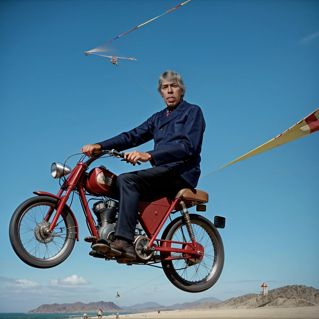 <lora:JamesCoburn:1> james coburn on a bike on a kite, 4k, raw, masterpiece