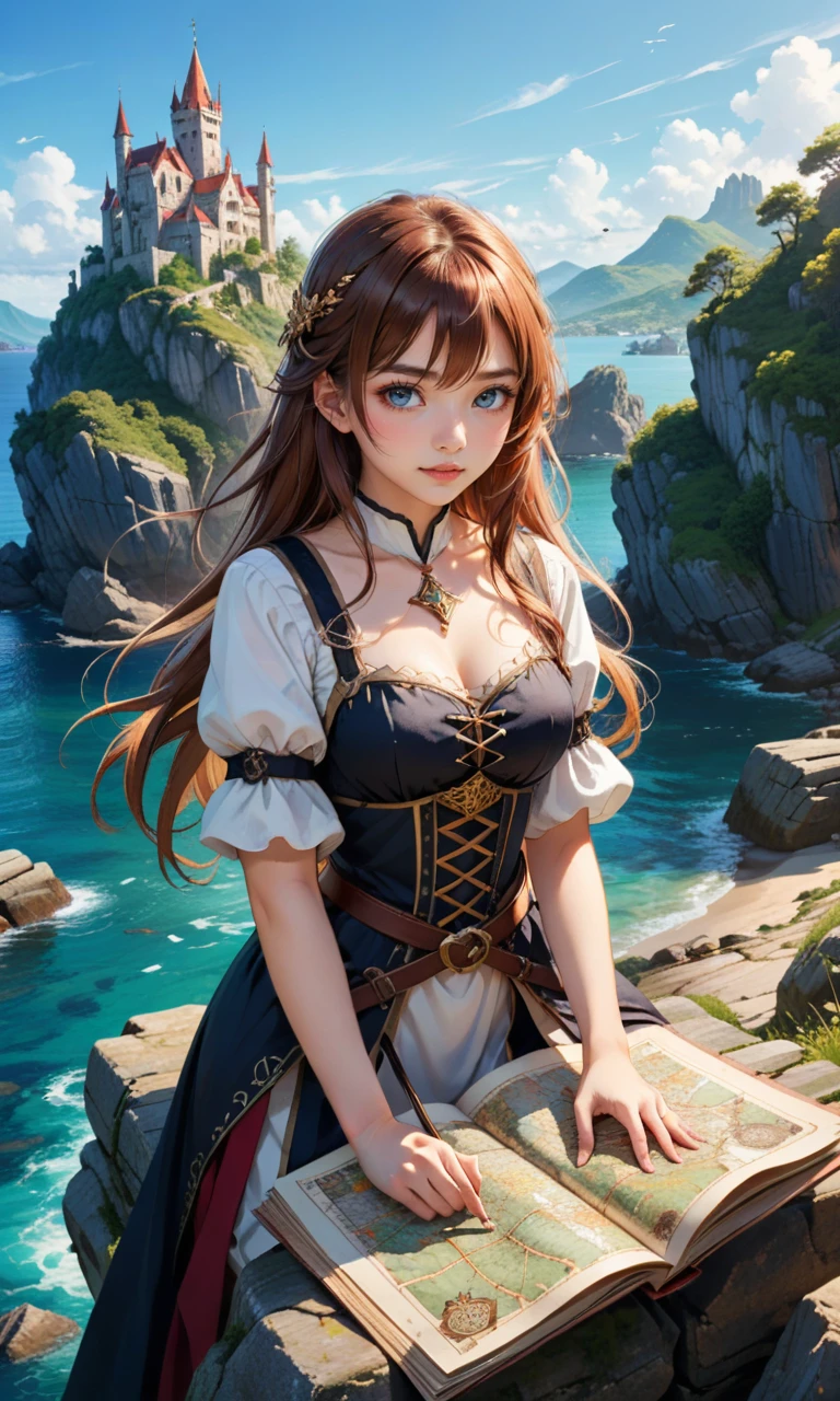 4n1v3rs3, zPDXL2, In a soft anime illustration set in a fantastical medieval world, an attractive female Adventurer, her hair billowing in the wind, studies an ancient map while sitting on rocks and enjoying the stunning view. On the rocky islands floating in the sky, there is a village with medieval-style architecture, featuring tall towers and woode