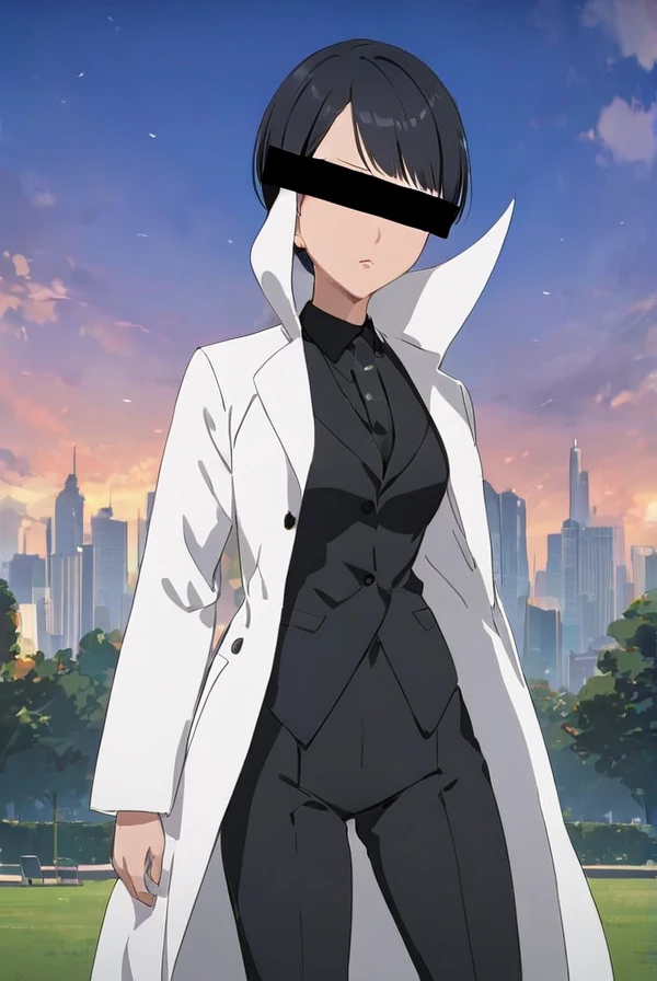 <lyco:RenhoGintama:1.7>, high quality, masterpiece, best quality, anime visual, Renho/(Gintama)/, woman, black bar over eyes, Censored Face, very short hairstyle, very short bangs, black hair, formal, large collar, white coat, black shirts, black pants, park backgrounds, cowoy shot