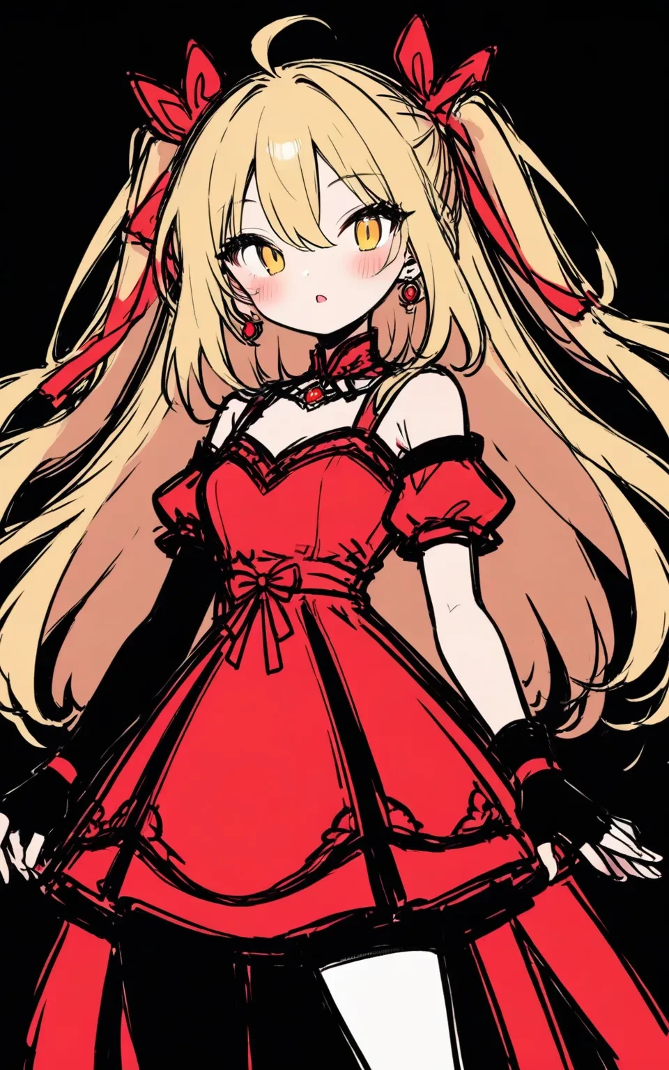 1girl, 
Freehand
masterpiece, red flower, red dress, gloves, red rose, two side up, simple background, flower, fingerless gloves, rose, black gloves, official alternate costume, single glove, blonde hair, long hair, hair ribbon, detached sleeves, ahoge, blush, breasts, ribbon, single detached sleeve, red ribbon, single leg pantyhose, looking at viewer, jewelry, yellow eyes, hair between eyes, open mouth, white background, earrings, dress, 
newest, absurdres, safe
 <lora:freehand:1>