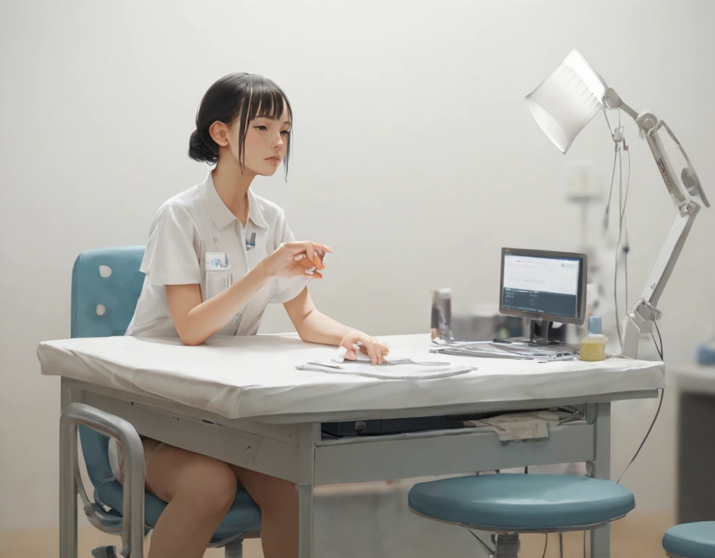 score_9, score_8_up, score_7_up, solo focus, 1girl, black hair, short stature, sitting on table, solo, examination-table in the examination-room, checkup, hospital bed, chair, table, desk, lamp, computer, monitor, <lora:Examination_Room_BG:.7> zPDXLrl