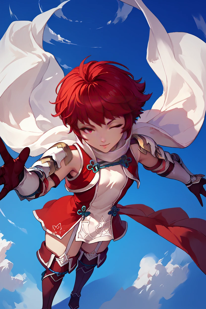 score_9, score_8_up, score_7_up, score_6_up, source_anime, 1girl, solo, <lora:fehinoka-pdxl-nvwls-v1-000006:1> hinoka, red hair, red eyes, short hair, white scarf, red and white dress, shoulder armor, gauntlets, red gloves, garter straps, red thighhighs, thigh boots, from above, portrait, blue background, sky, clouds, looking at you, smile, wink, outstretched arms