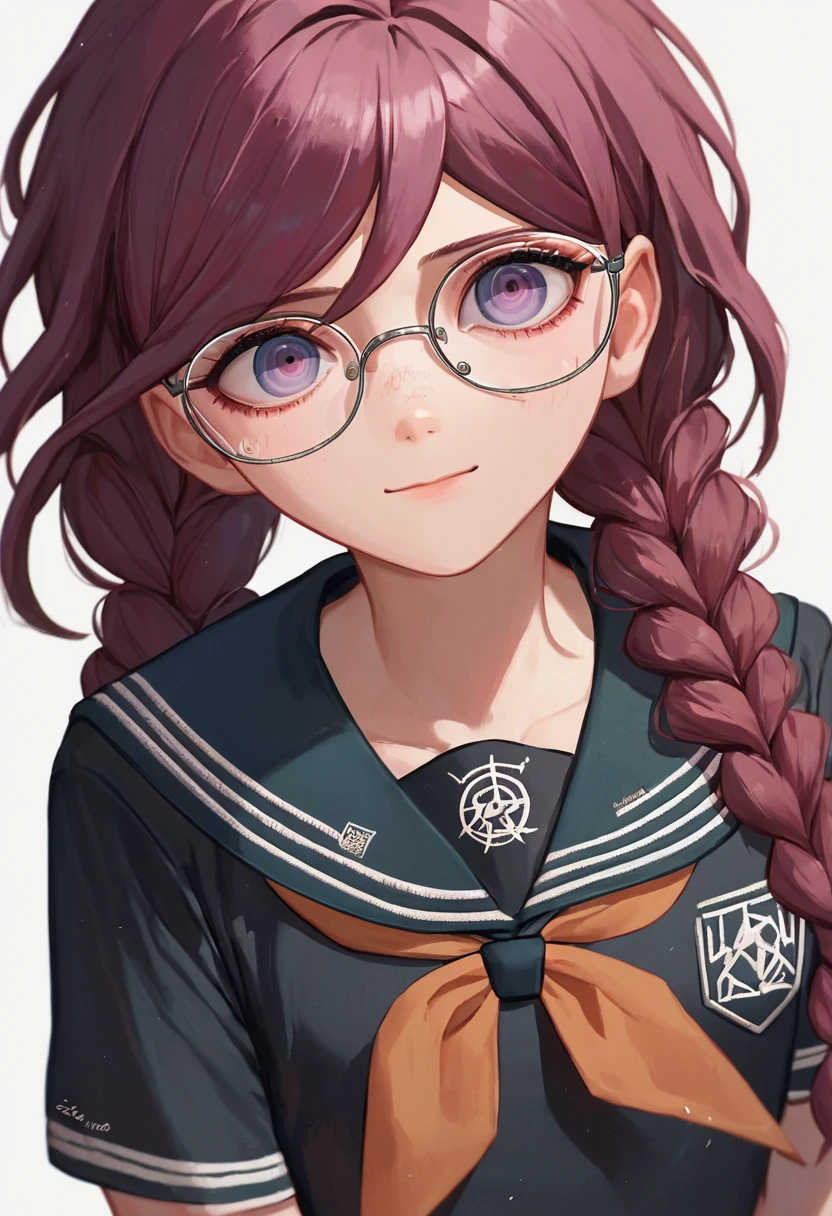 score_9, score_8_up, score_7_up, simple background, white background, light smile <lora:danganronpa_aio_1:1>
fukawa toko, 1girl, twin braids, glasses,
serafuku, black shirt