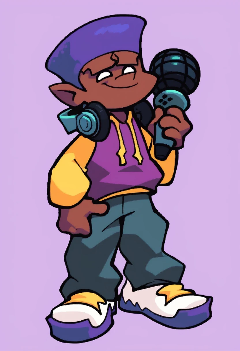 darnell, solo, smile, simple background, 1boy, holding, standing, full body, male focus, shoes, pointy ears, pants, headphones, white footwear, microphone, purple headwear, headphones around neck, dark skinned