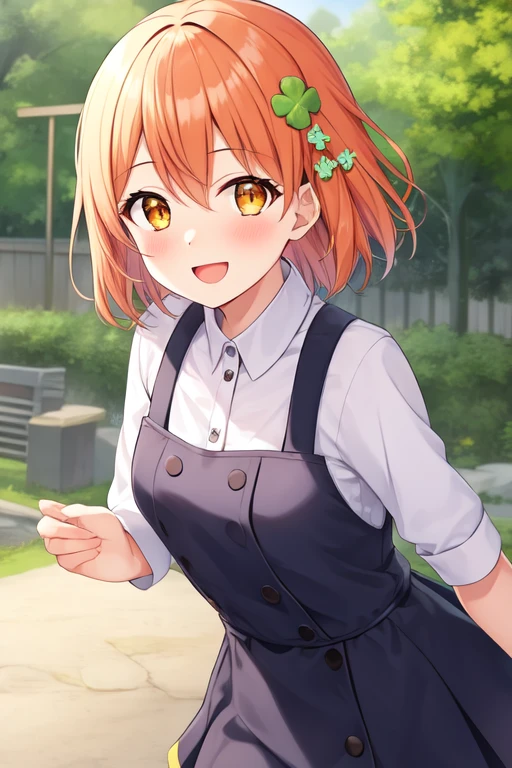 clover hair ornament, 1girl, solo, looking at viewer, blush, smile, short hair, orange hair, open mouth, shirt, hair between eyes