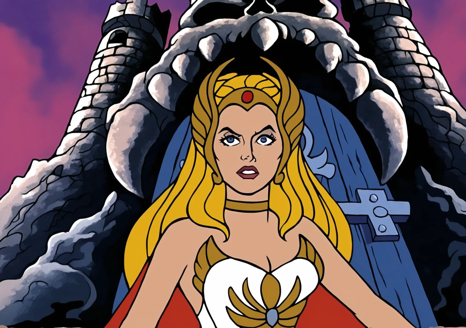 sh3ra, <lora:She-Ra_Princess_of_Power_1987_-_Pony:0.8> warrior princess, half body, blonde hair, golden tiara, white dress, red cape, break, castle greyskull background, blue door,