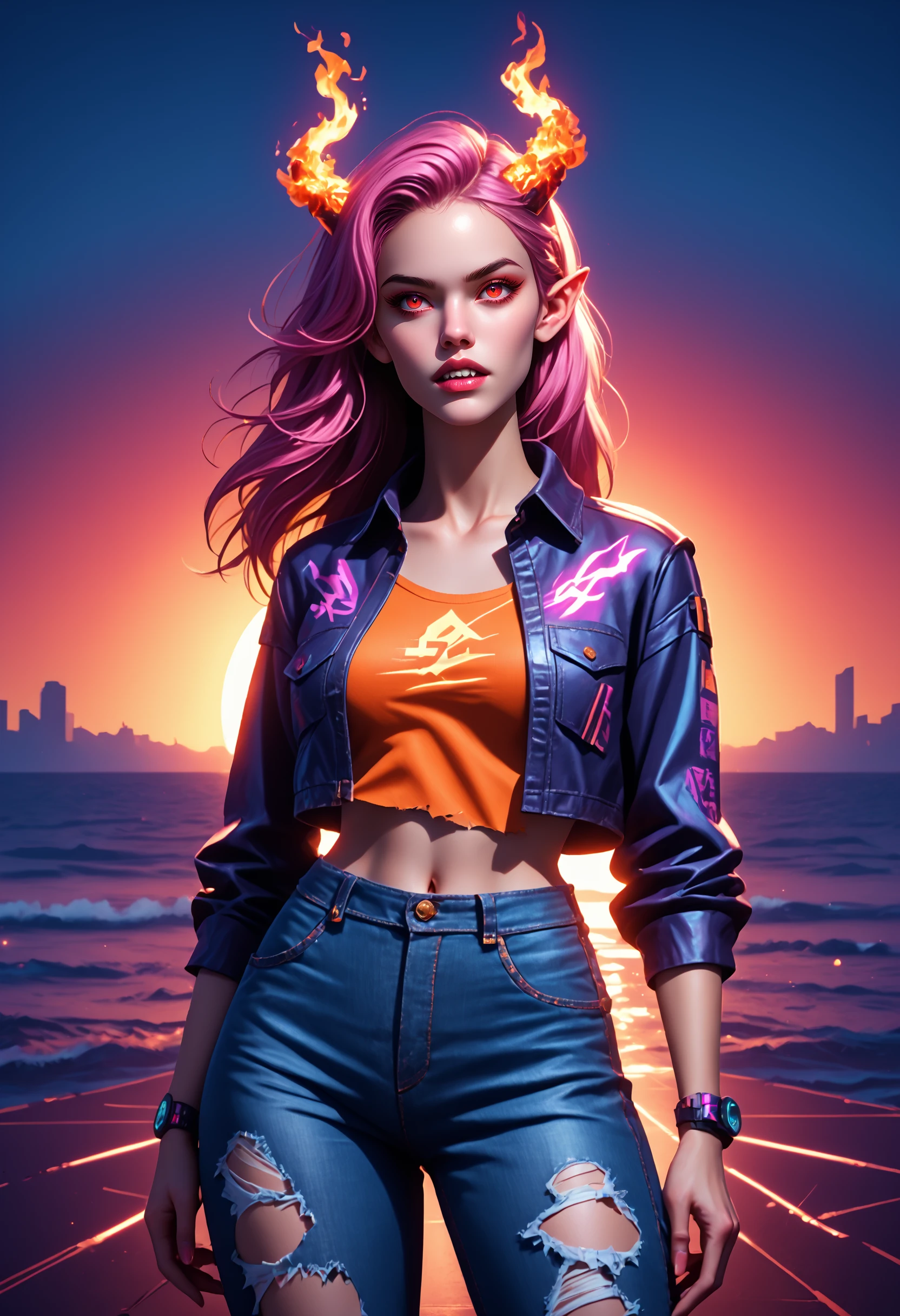 1girl, breasts, burning, cloud, cloudy sky, denim, dusk, embers, evening, explosion, fangs, fire, flame, gradient sky, horizon, demonic horns, jeans, long hair, looking at viewer, makeup, molten rock, navel, ocean, open mouth, orange sky, outdoors, pants, pink hair, pointy ears, purple sky, red eyes, red sky, shirt, sky, solo, sun, sunrise, sunset, teeth, torn clothes, torn jacket, torn jeans, torn legwear, torn pants, torn shirt, torn shorts, torn sleeves, twilight, neon lighting,  vaporwave, synthwave, neon,  retro, (fantasy), (lens flare, prismatic), Unreal Engine 5, (side-lighting), (cyberpunk), dynamic angle,  cinematic photography, dark background, rembrandt lighting, professional photography, detailed face, perfect anatomy, wide shot, ultrasharp, desktop wallpaper, octane render, futuristic, neon theme, score_9, score_8_up, score_7_up, score_6_up, score_5_up, score_4_up,