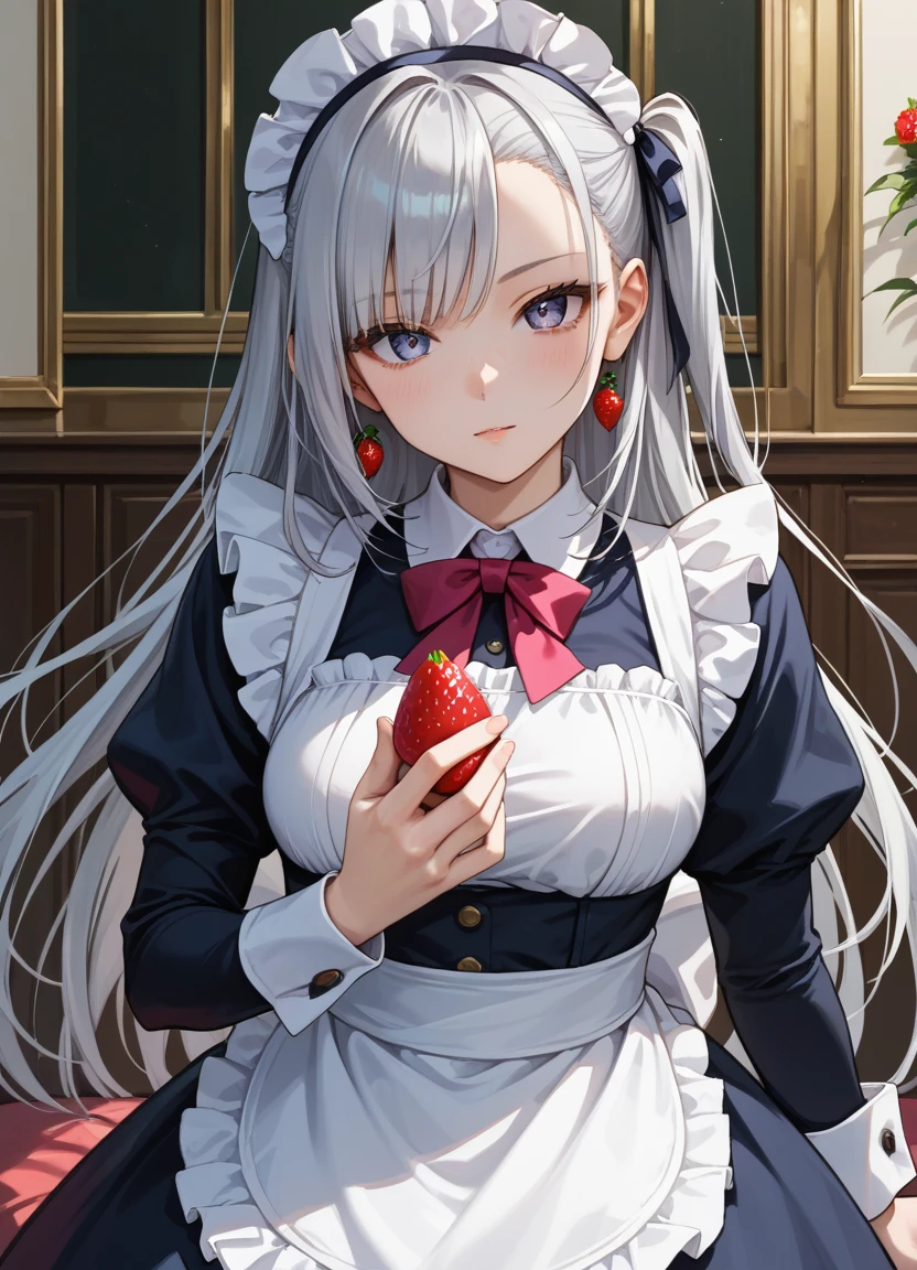 score_9, score_8_up, score_7_up , source_anime, masterpiece, best quality, perfect anatomy , very aesthetic , absurdres ,BREAK
1girl, solo, silver hair, one side up, long hair, asymmetrical bangs, maid's outfit, close-up of face, looking at viewer, holding strawberry, in hand, strawberry,