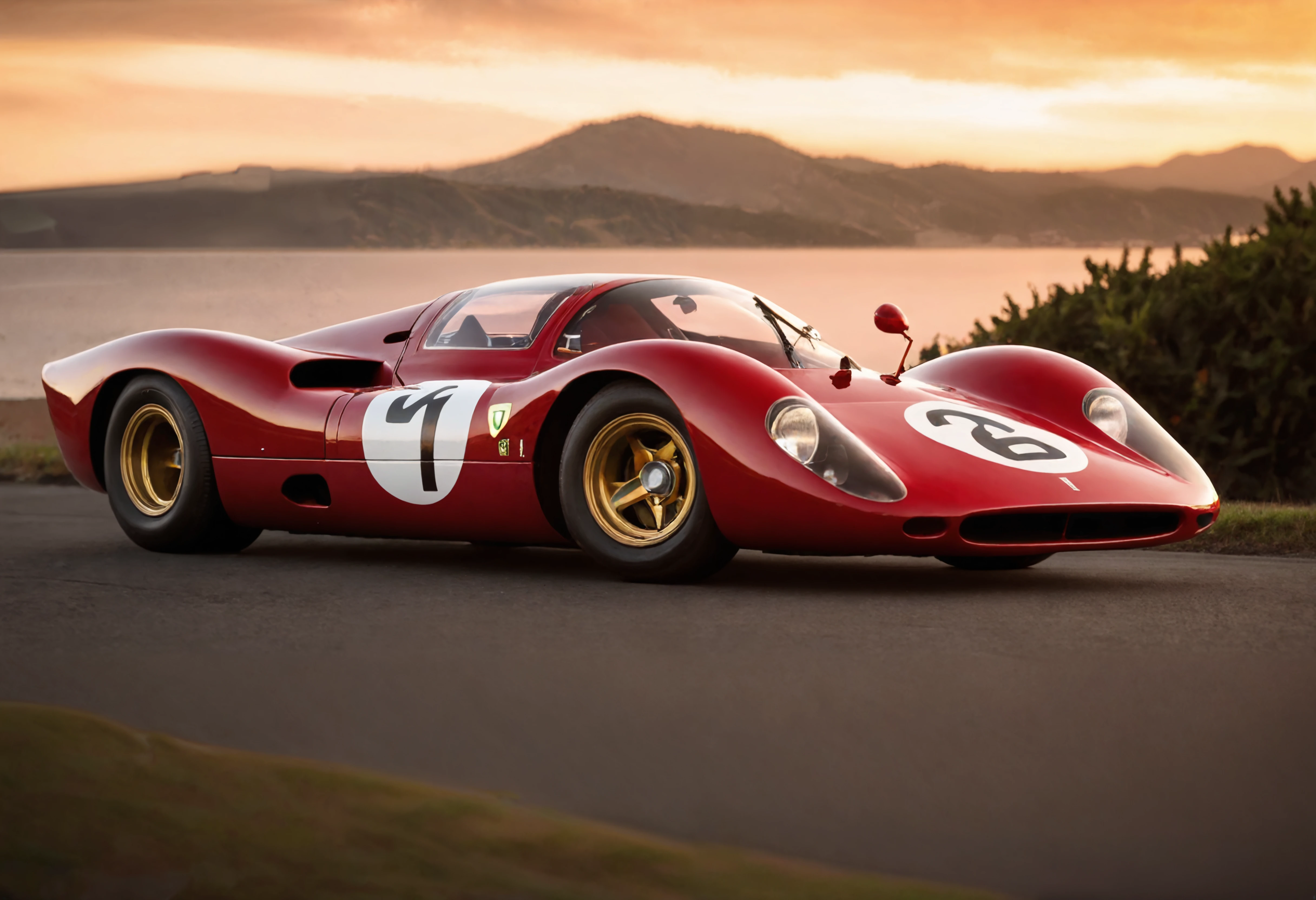 a photograph of a ferrari312p ferrari312p sports car, l960sm1deng1ne,      Golden Hour: A warm and soft light that occurs during sunrise or sunset, casting long shadows and creating a dreamy atmosphere., metallic Bordeaux Red, front 3/4 view , New Zealand South Island coastline, dark, low-key,   low color saturation, concept art, perfect composition, masterpiece, professional photography, zeiss lens, shot on dslr 64 megapixels, sharp focus, intricately detailed, dramatic, tilt shift,