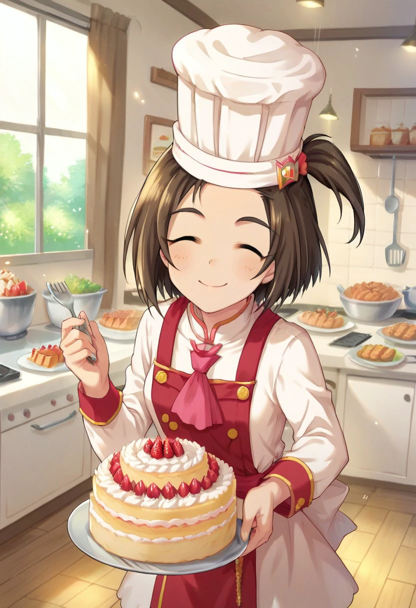 score_9, score_8_up, score_7_up, source_anime,yanase miyuki, short hair, brown hair, brown eyes, one side up, 1girl, chef hat, hat, closed eyes, food, solo, smile, chef, cake