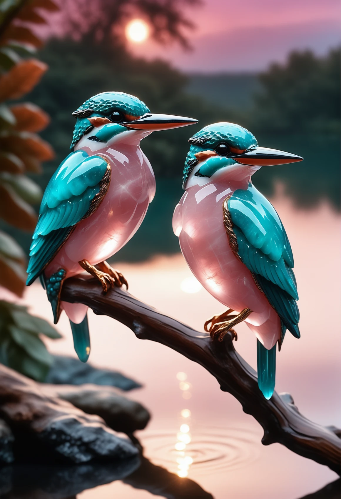 two kingfisher made out of reij-rsqrtzjd <lora:rosequartzjade-000007:1>, sitting on a branch covered in stardust, Photograph, shallow depth of field, Fujicolor Pro 400H, Depth of field 270mm, masterpiece, UHD, sharp and in focus, advanced cinematic perfect light, dynamic dramatic beautiful full taking, epic composition, handsome, cinematic, delicate, pure