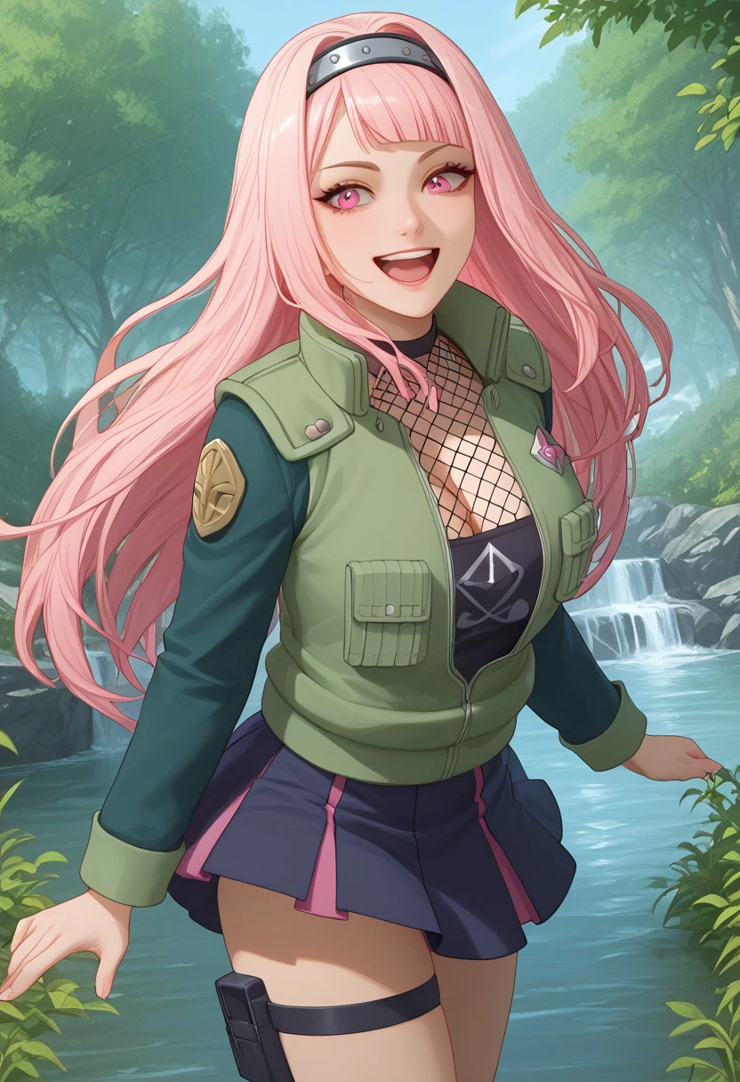 Masterpiece, best quality, high quality, highres, 4k, detailed face, bmbplora, Expressiveh, marin kitagawa, long hair, bangs, blonde hair, pink eyes, multicolored hair, pink hair, smile, open mouth, Green Flak Jacket, Leaf Forehead Protector, solo, open jacket, fishnet shirt, skirt, leg strap, headband, cleavage,