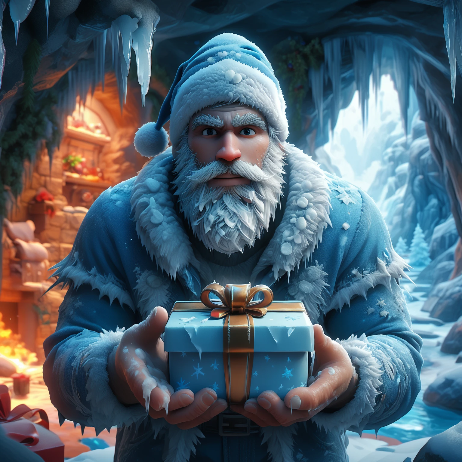 (rating_safe:1.2), score_9, score_8_up, score_7_up, fr0stwrld, snow, ice <lora:Fr0stWrld4:0.8> BREAK
human, male, blue skin, santa hat, santa costume, big beard, white beard, looking at viewer, happy, smile, holding gift, gift box, inside, cave