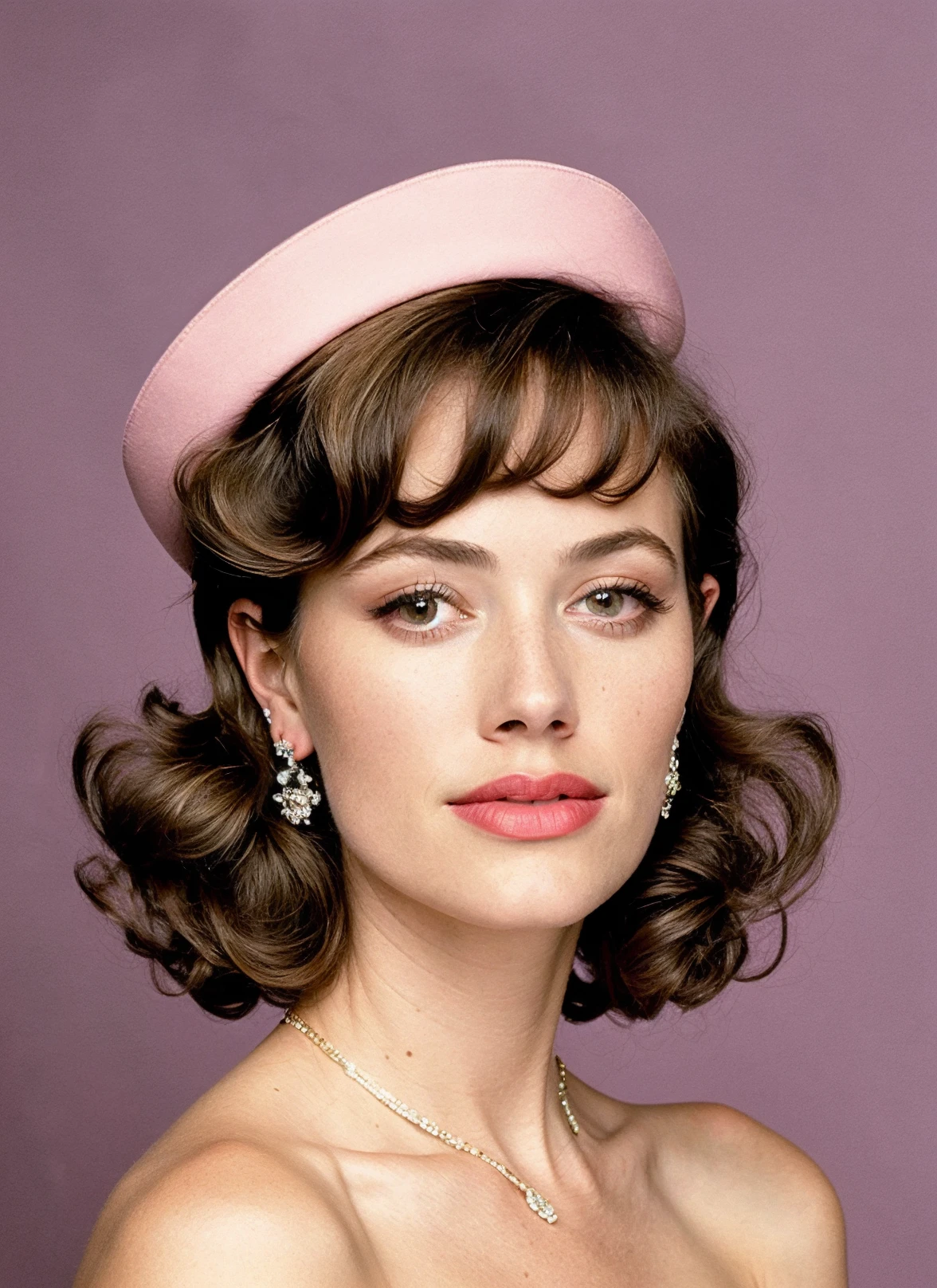 Chic portrait of sks woman in the 1950s, Mid-Century Modern style, pastel and saturated colors, soft curls paired with bold hats, by Richard Avedon, using balanced studio lighting to create a clean, optimistic aesthetic, by Gregory Crewdson, <lora:locon_janineturner_v1_from_v1_64_32:0.7> <lora:lora-small-janine-turner-v1:0.65>