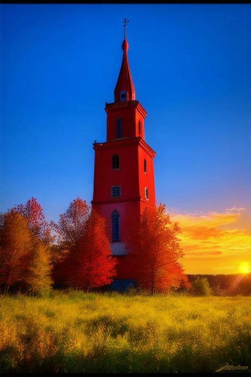 Big forest with yellow, green and red leaves at sunset, a small town with a church and a radio tower in the background, fantasy, professional canvas, triadic colors, deep color, volumetric lighting, shading with dark edges, richly detailed, matte background, style octane render.