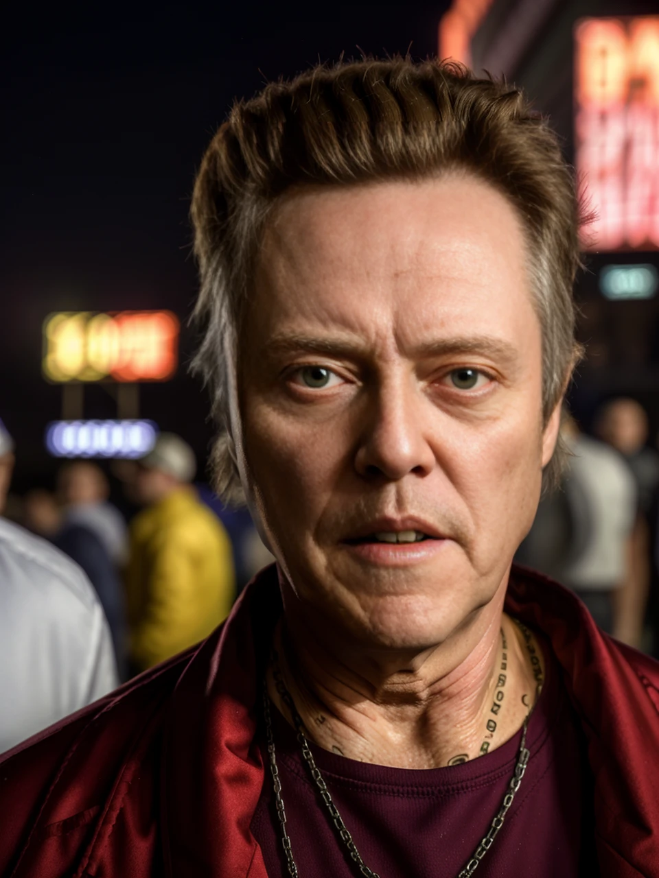 <lora:ChristopherWalken:1> christopher walken working the night shift at a football game, 4k, raw, masterpiece