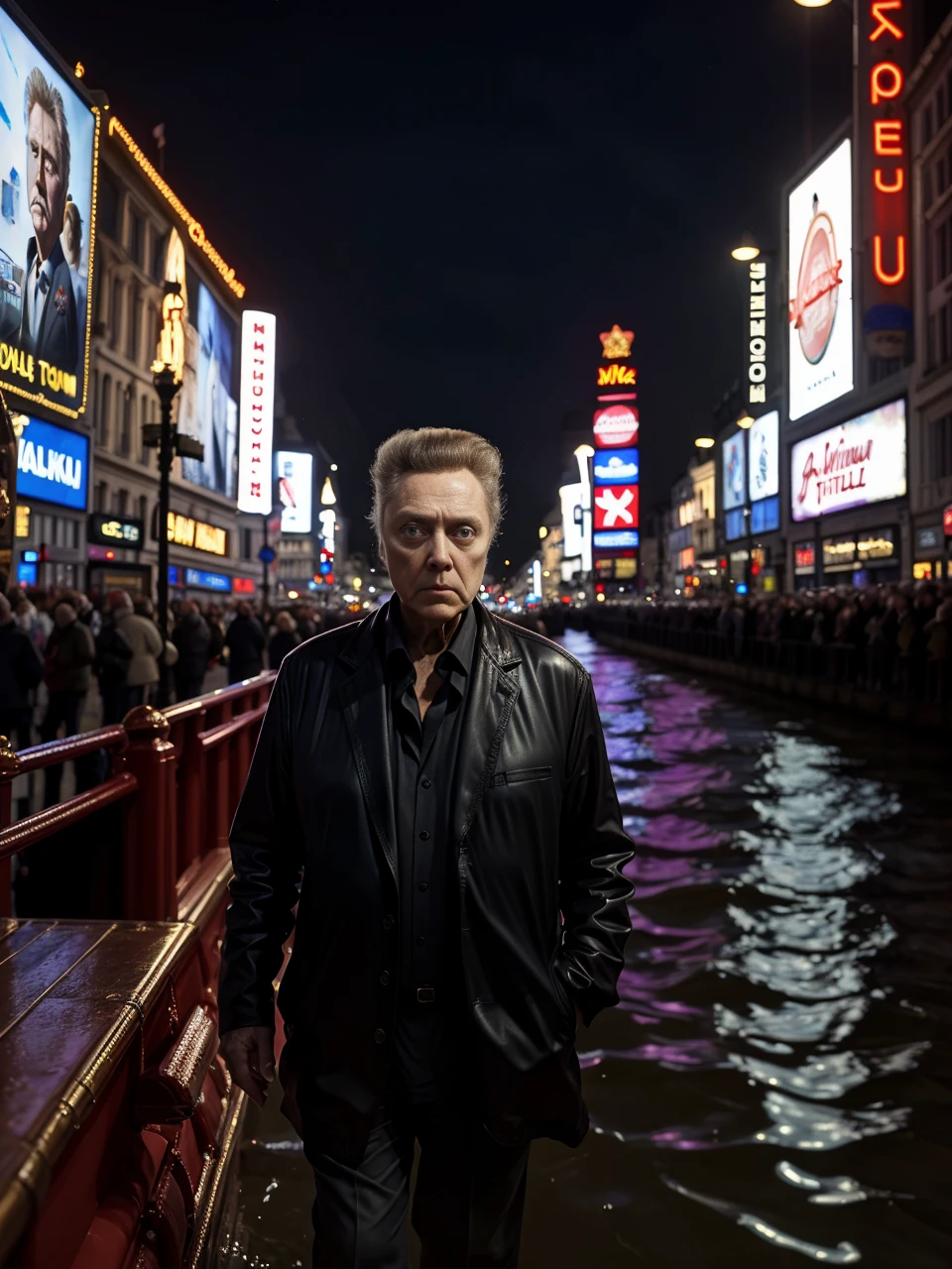 <lora:ChristopherWalken:1> christopher walken roaming the seas at piccadilly circus, 4k, raw, masterpiece