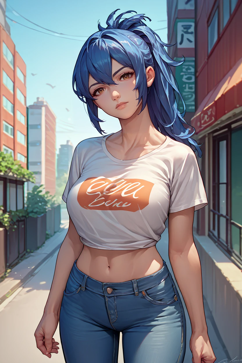 score_9, score_8_up, score_7_up, score_6_up, source_anime, 1girl, solo, <lora:feoboro-pdxl-nvwls-v1-000007:1> feobo, dark blue hair, ponytail, black t-shirt, midriff, big breasts, jeans, looking at you, head tilt, city