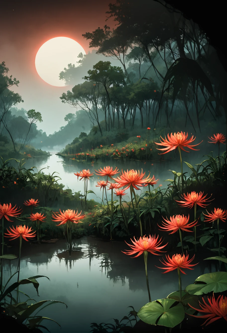 ,ruanyi0797,spider lily,flower field,jungle,overgrown,,ruanyi0699,fog,night,red sky,reflection,red theme,flower,<lora:0797 spider lily_v1_pony:0.7>,<lora:0699 Wangchuan River_v1_pony:1>, score_9,score_8_up,score_7_up,,8k,1girl,solo,,