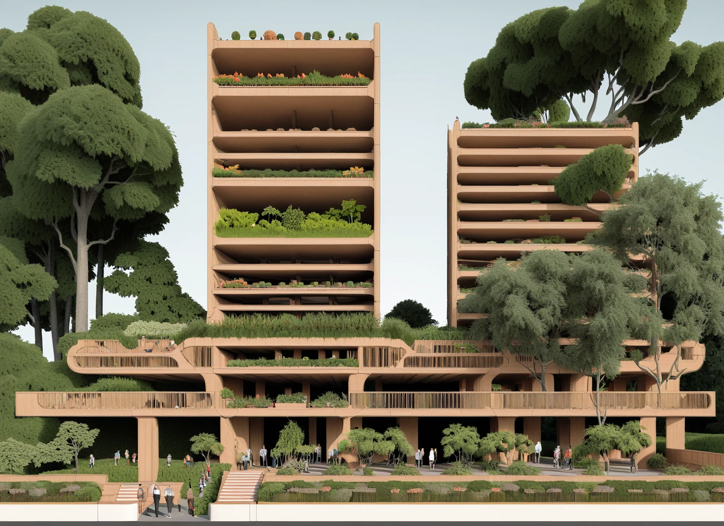 Architectural elevation, high rise brutalist tower, minimal timber, lush terraces, trees, people, planters, arched structure  <lora:Showit_XL-V2:2.2>