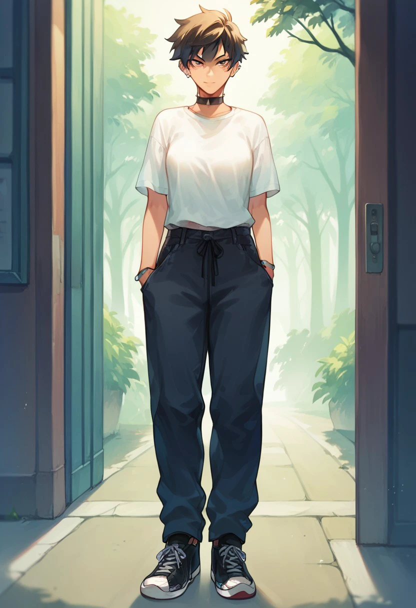 score_9, score_8_up, score_7_up, source_anime, tomboy, pants, choker, medium breasts, earrings, white shirt, standing, full body, shoes, <lora:ea7e7ef1-3705-492b-a40f-d4d448b00fea:1.0>