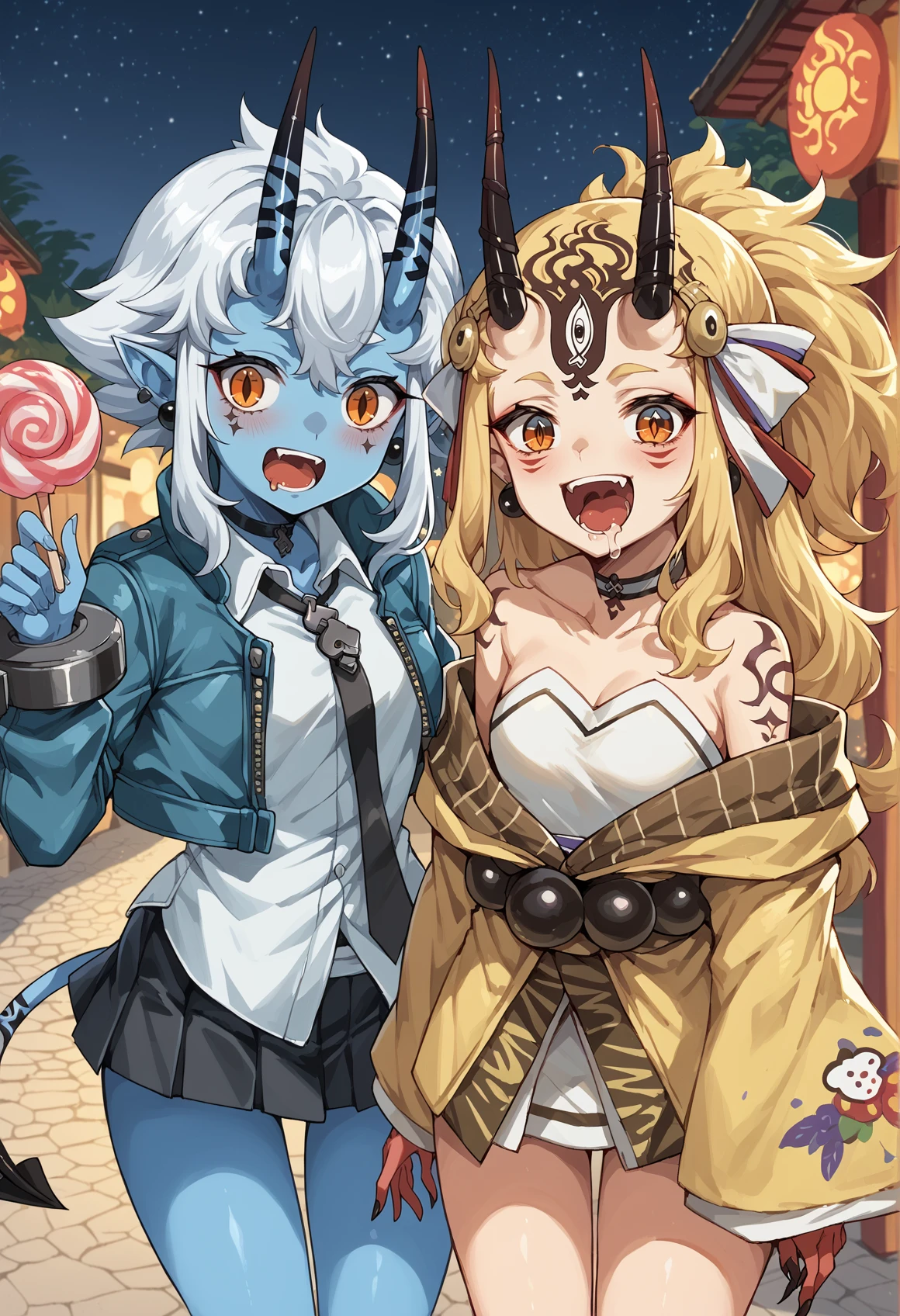 2girls, outdoors, summer festival, cotton candy, smile, open mouth, drool, fang, surprised, starry eyes, 1girl, oni, blue skin, colored skin, skin-covered horns, orange eyes, pointy ears, white hair, short hair, sidelocks, tail, earrings, shackles, choker, white shirt, necktie, brooch, jacket, pleated skirt, thigh holster <lora:Soukaku_ZZZ:1>
BREAK
2girls, outdoors, summer festival, cotton candy, smile, open mouth, drool, fang, surprised, starry eyes, 1girl, long hair, blonde hair, sidelocks, yellow eyes, pointy ears, facial mark, tattoo, forehead mark, oni, horns, sharp fingernails, japanese clothes, yellow kimono, headdress, feathers, earrings, jewelry, beads, off-shoulder, wide sleeves,   <lora:Ibaraki_Douji_XL:1>, score_9, score_8_up, score_7_up, score_6_up, score_5_up, score_4_up, BREAK source_anime, masterpiece