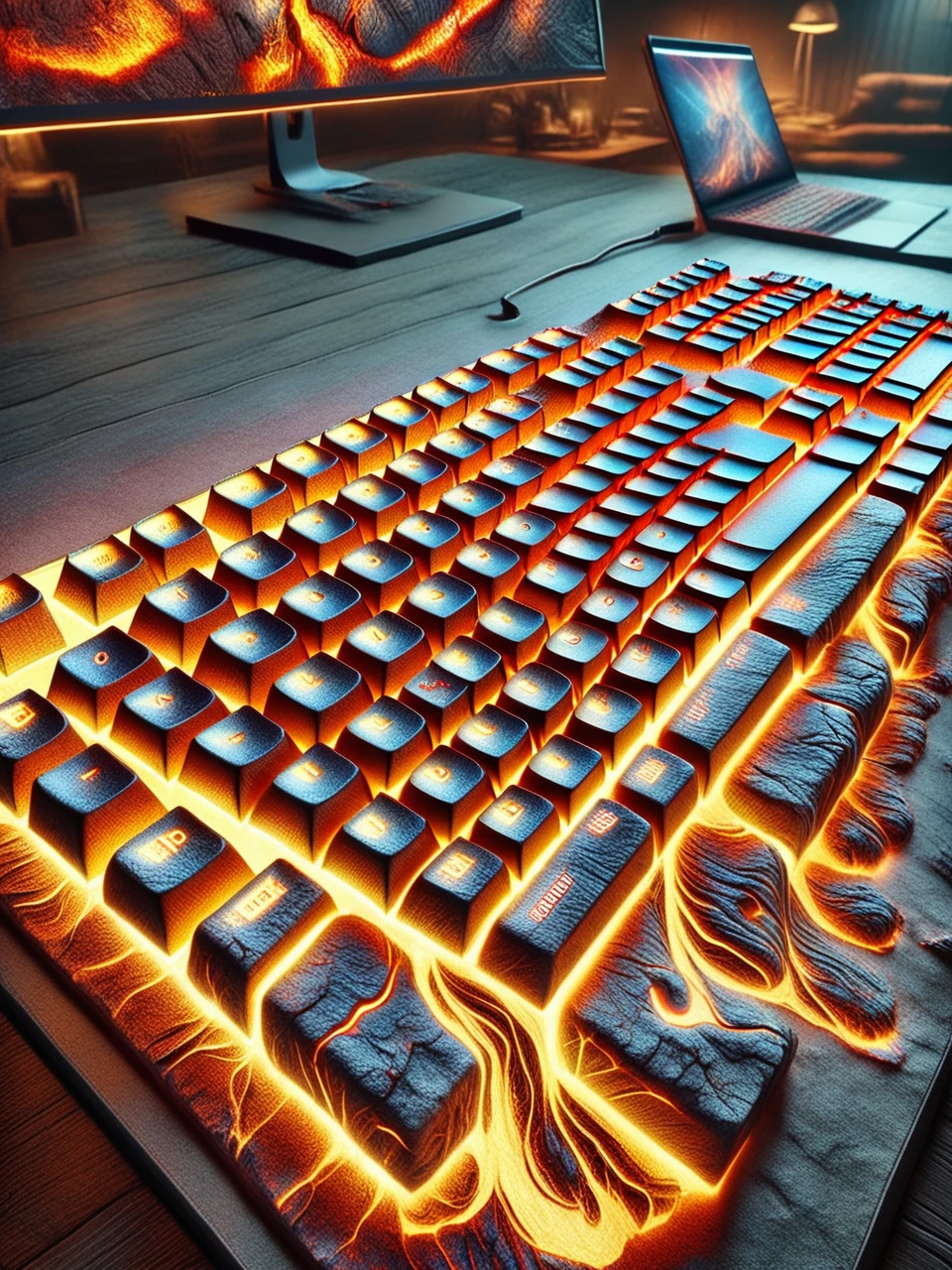 lavamade computer keyboard in a gaming room, perfectly balanced, ultra-detailed, symbolism, , sheen, , cinematic illustration, intricate