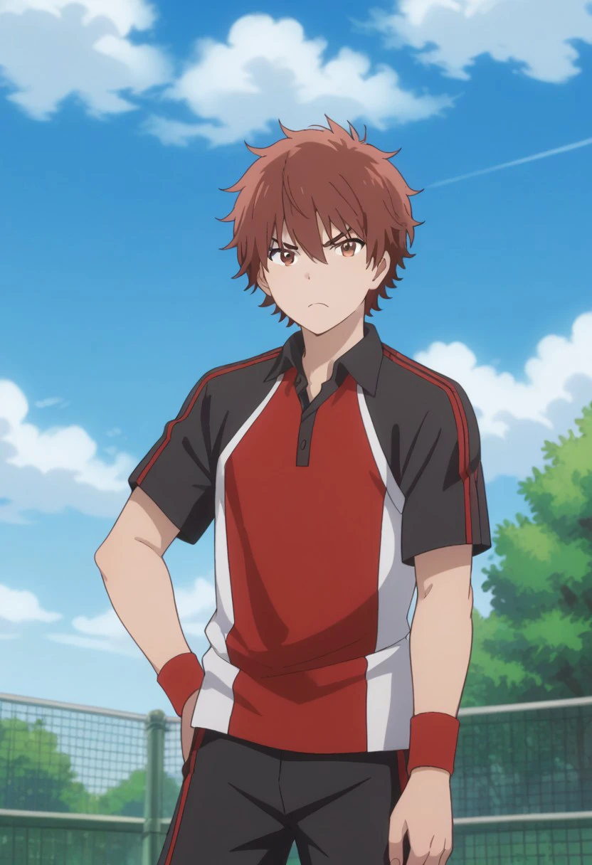 score_9, score_8_up, score_7_up, source_anime, highly detailed, 
arashi, 1boy, male focus, solo, brown eyes, brown hair, looking at viewer, shorts, black shorts, sportwear, tennis uniform, shirt, raglan sleeves, black shirt, red shirt, wristband, frown,
outdoor, sky,