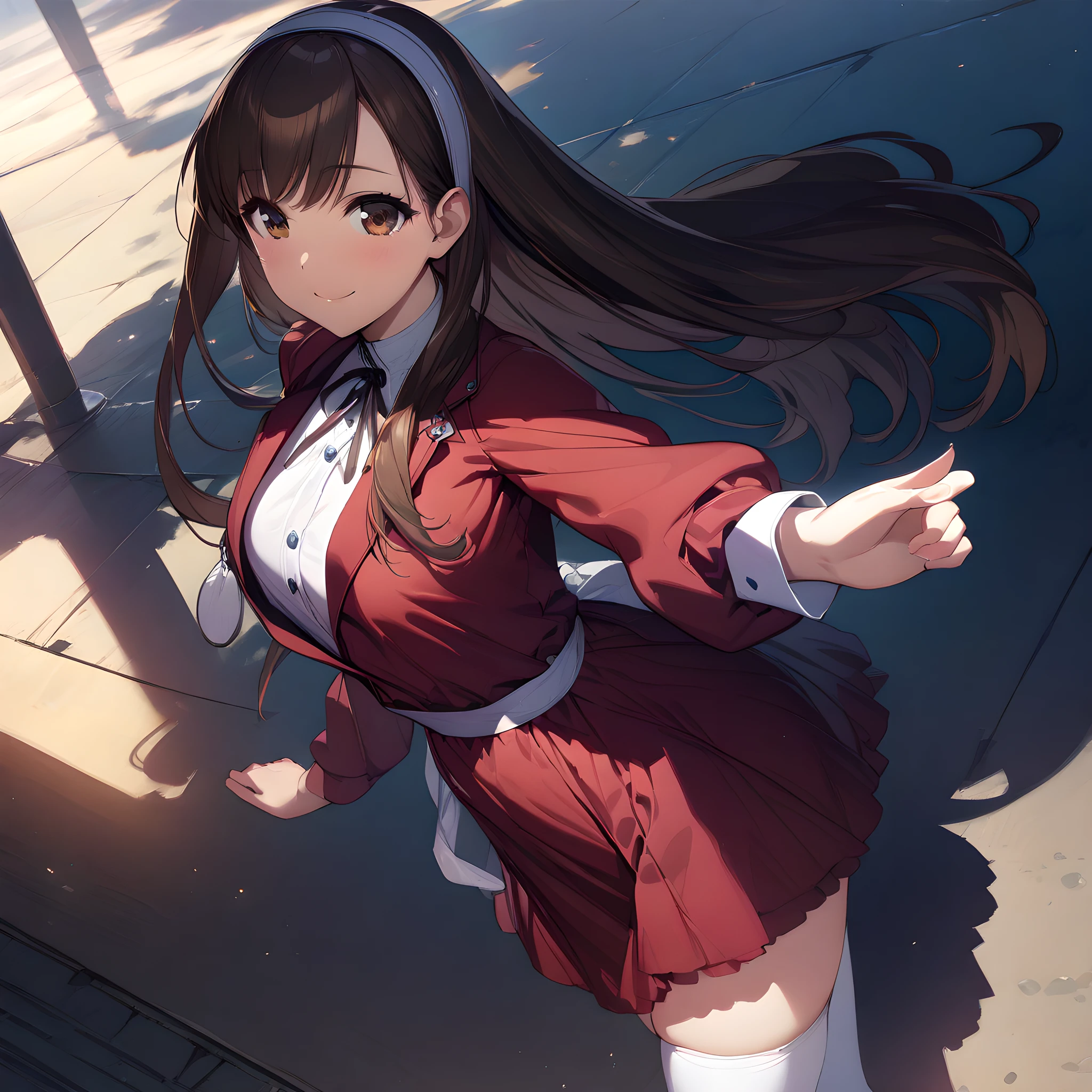 (masterpiece),(best quality),(ultra-detailed),(best illustration),(best shadow),(absurdres),(detailed background),(very aesthetic),yuki_morikawa, brown hair, brown eyes, long hair, hairband, white dress, red jacket, red skirt, white thighhigh, smile, cowboy shot <lora:XL-YukiMorikawa:1>