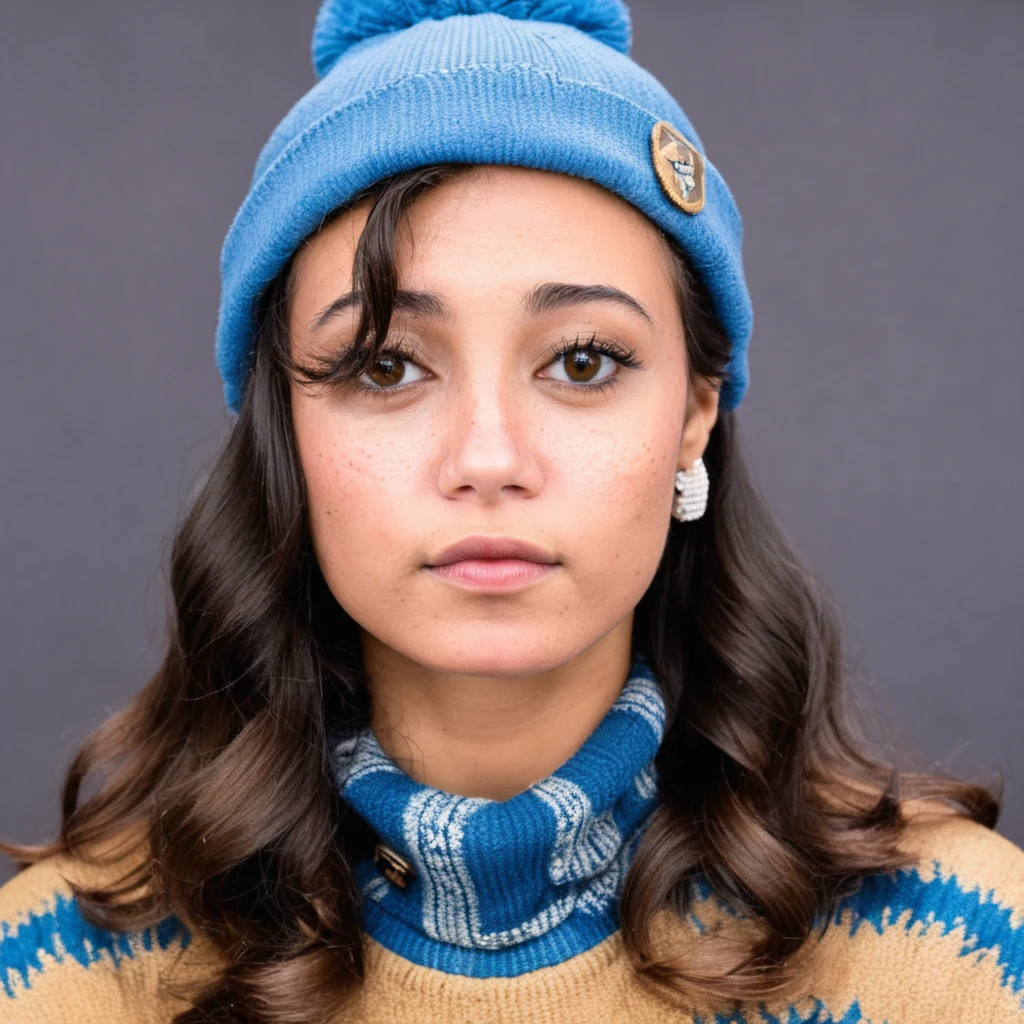 score_9, score_8_up, score_7_up,1girl, white skin ,  25 years old, looking at viewer,brown eyes, black hair,  ellapurnell <lora:Ella Purnell Pony:1> Sweater with a scarf, beanie and gloves, crocheting, kind-hearted, Gal, Tall, Thin, Diamond-Shaped Face, Tan Skin, Light Brown Hair, Blue Eyes, [[Curved Nose]], Full Lips, Receding Chin, Long Hair, Fine Hair, Voluminous Waves, large breasts, Dangle earrings, pink stain lipstick, Behati Prinsloo, a breathtaking canyon carved by a winding river