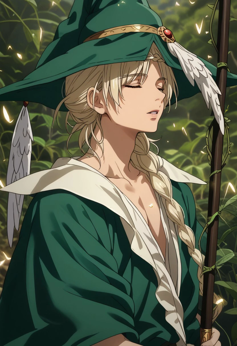 score_9, score_8_up, score_7_up, source_anime, rating_safe, gold particles, Yunmag, 1boy, male focus, anime screencap, green witch hat, hat feather, loose-fitting green and white clothes, brown staff, plant, vines, closed eyes, upper body, parted lips, water, rippling,