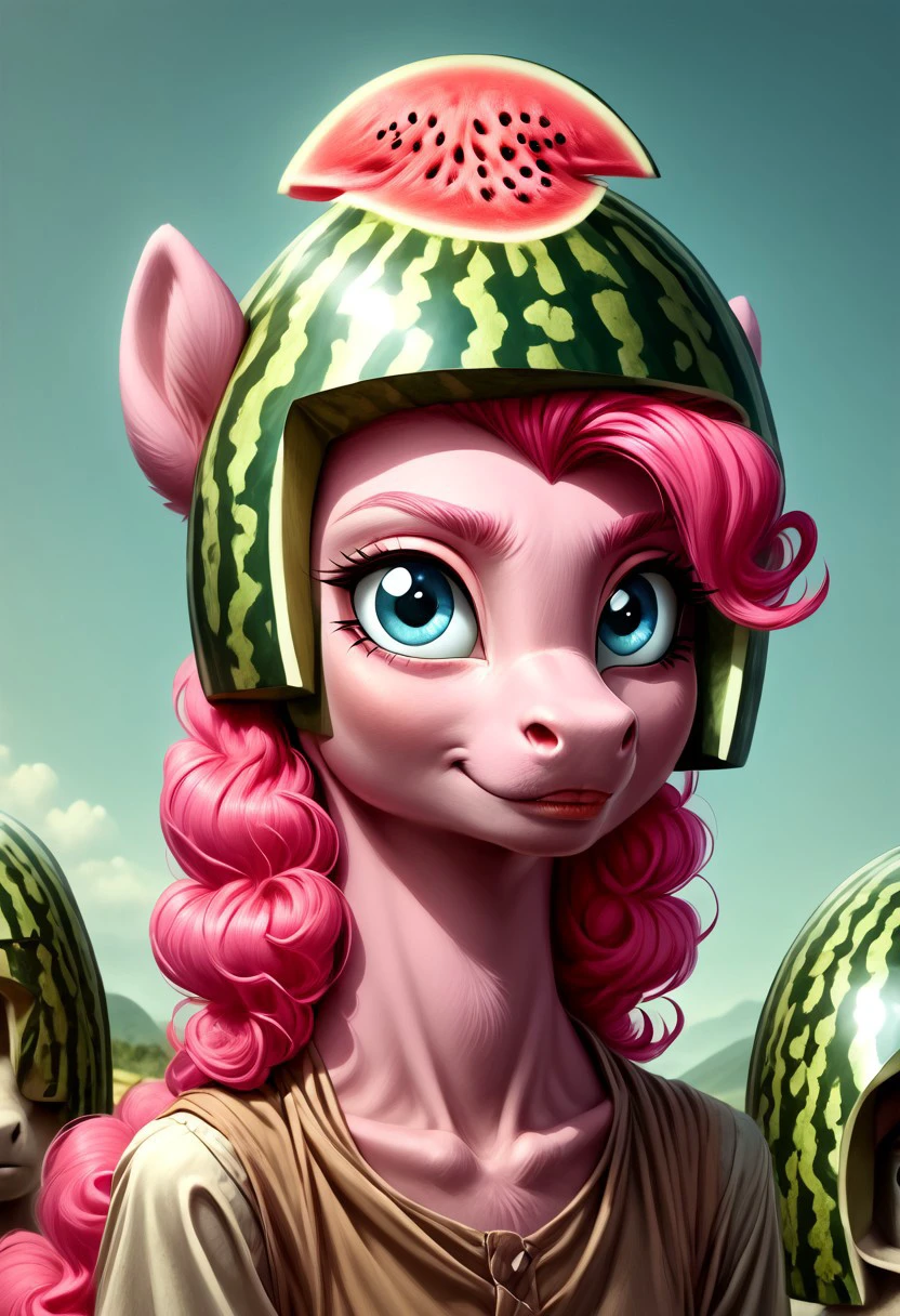 melonhelm, 1girl, PinkiePie pony wearing watermelon helmet, portrait, grinning