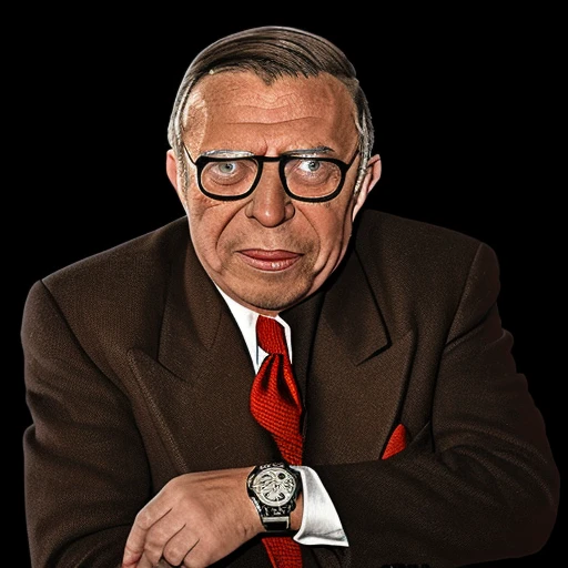 sitting, wristwatch, holding, mole, indoors, glasses, black background, library, old, necktie, black-framed eyewear, realistic, cigar