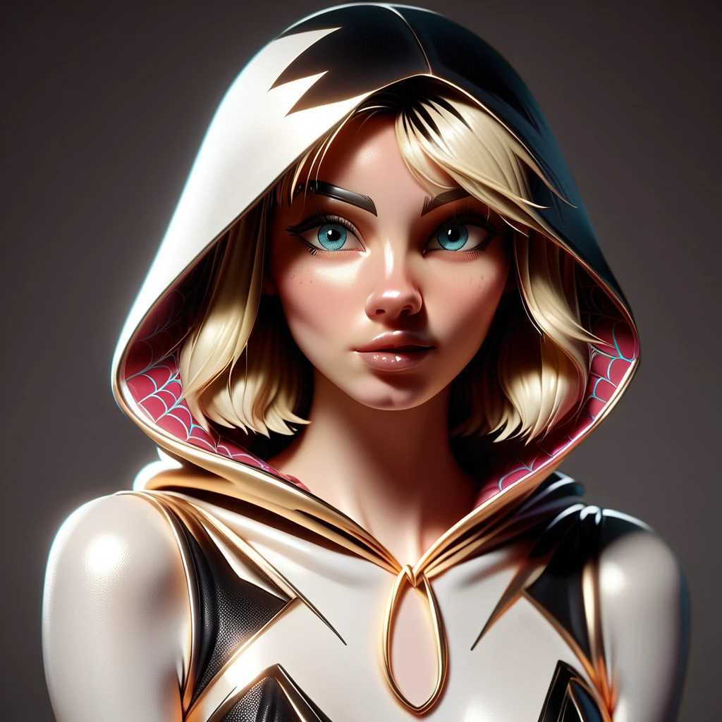 zPDXL2, RetroBG, spider-gwen, portrait, black and gold costume, <lora:RetroLuxe World Morph - Pony:1.2>