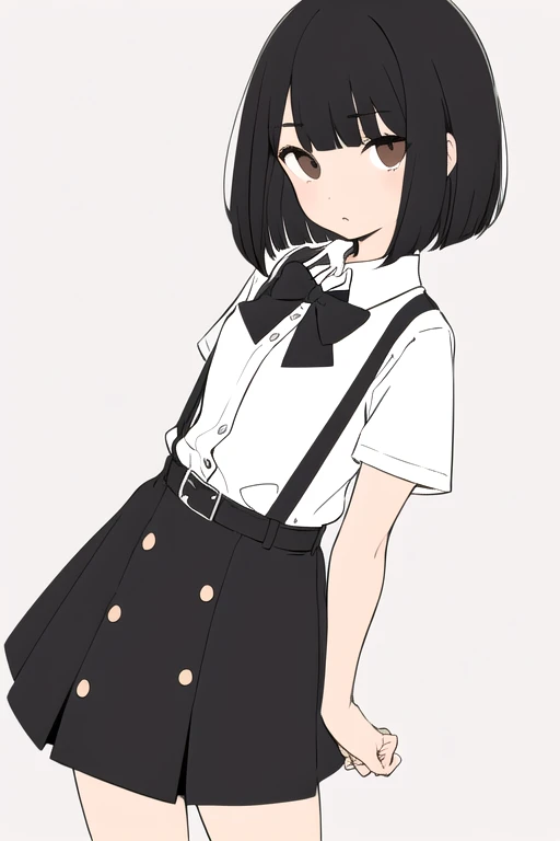 (flat color:1.25), limited palette, simple background, 

1girl, 
black hair, brown eyes,
bob cut, bangs, blunt bangs,

white shirt, collared shirt, black bowtie, short sleeves, 

suspender skirt, black skirt, brown belt, buttons,