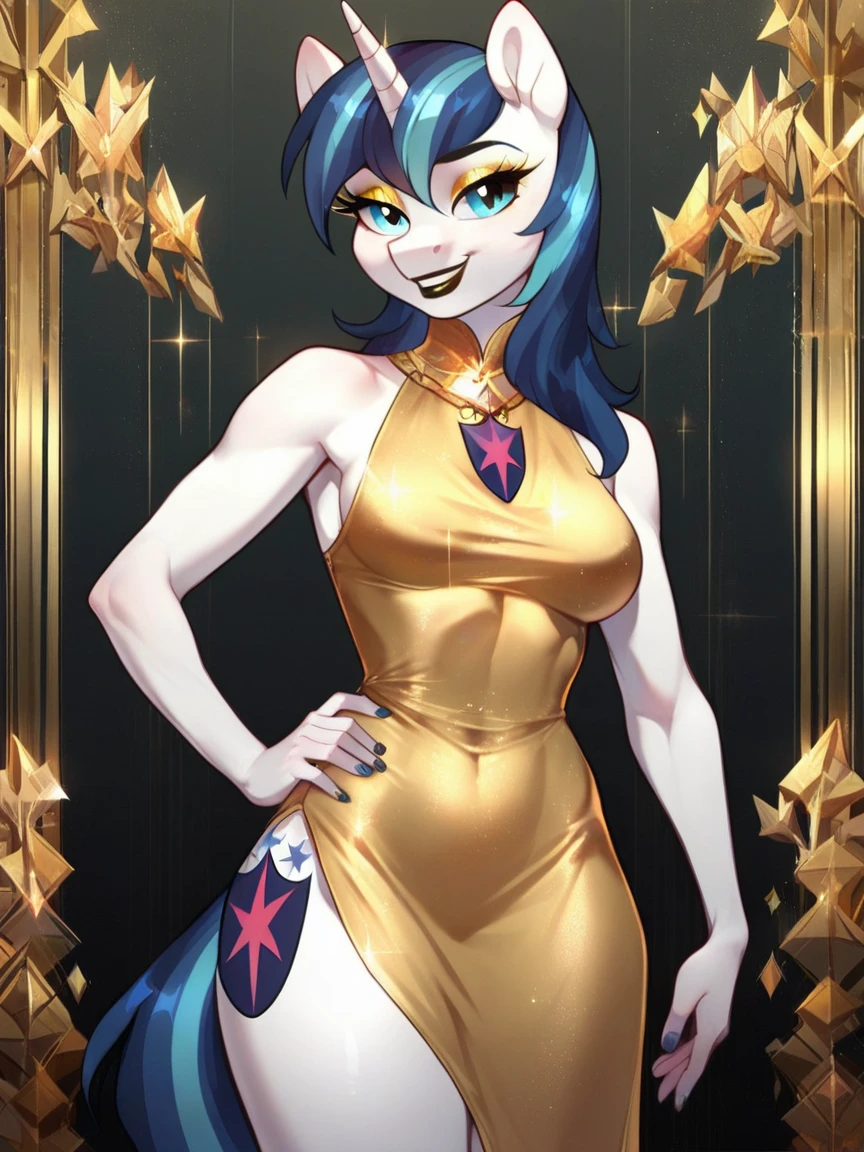 score_9, score_8_up, score_7_up, score_6_up, score_5_up, source_pony, 1girl,  RetroBG, shining armor, anthro, genderbent, medium breasts, tight golden dress, thigh slit, makeup, gold eyeshadow, black hair, eyeliner, dark lipstick, smiling, hand on hip,anatomically correct, fantasy, high detail, digital art, anime style, best quality, absurd res, high contrast, vivid colors <lora:RetroLuxe World Morph - Pony:1>